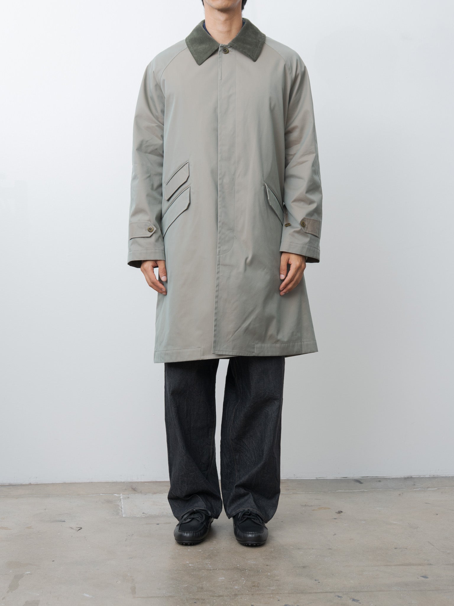 Namu Shop - ts(s) Cotton SOLOTEX Poly Chambray Stretch Twill Cloth Fly Front Raglan Sleeve Coat - Olive