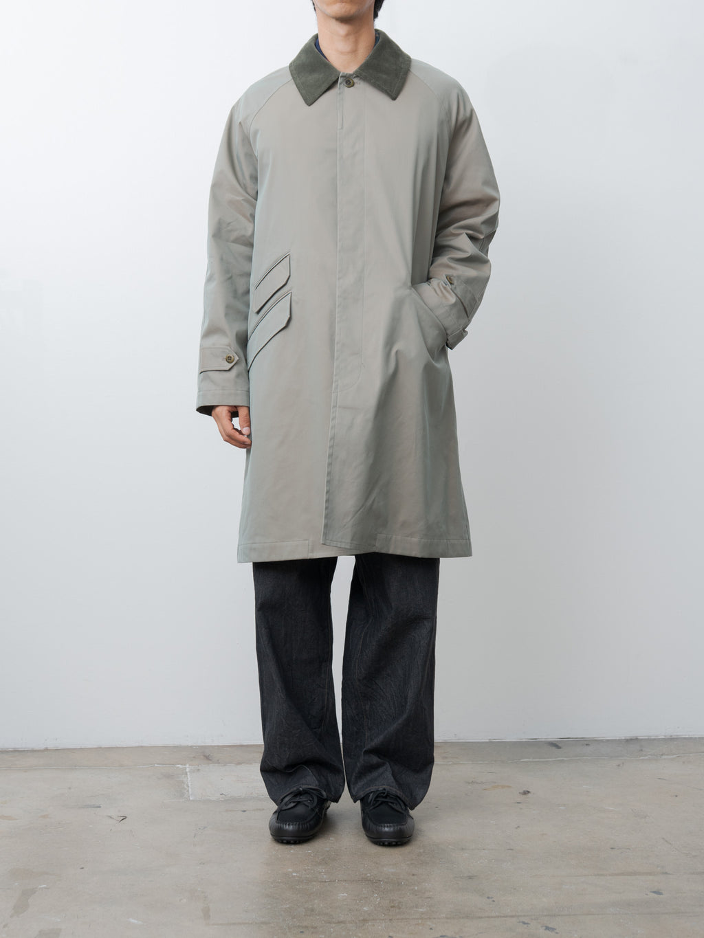 Namu Shop - ts(s) Cotton SOLOTEX Poly Chambray Stretch Twill Cloth Fly Front Raglan Sleeve Coat - Olive