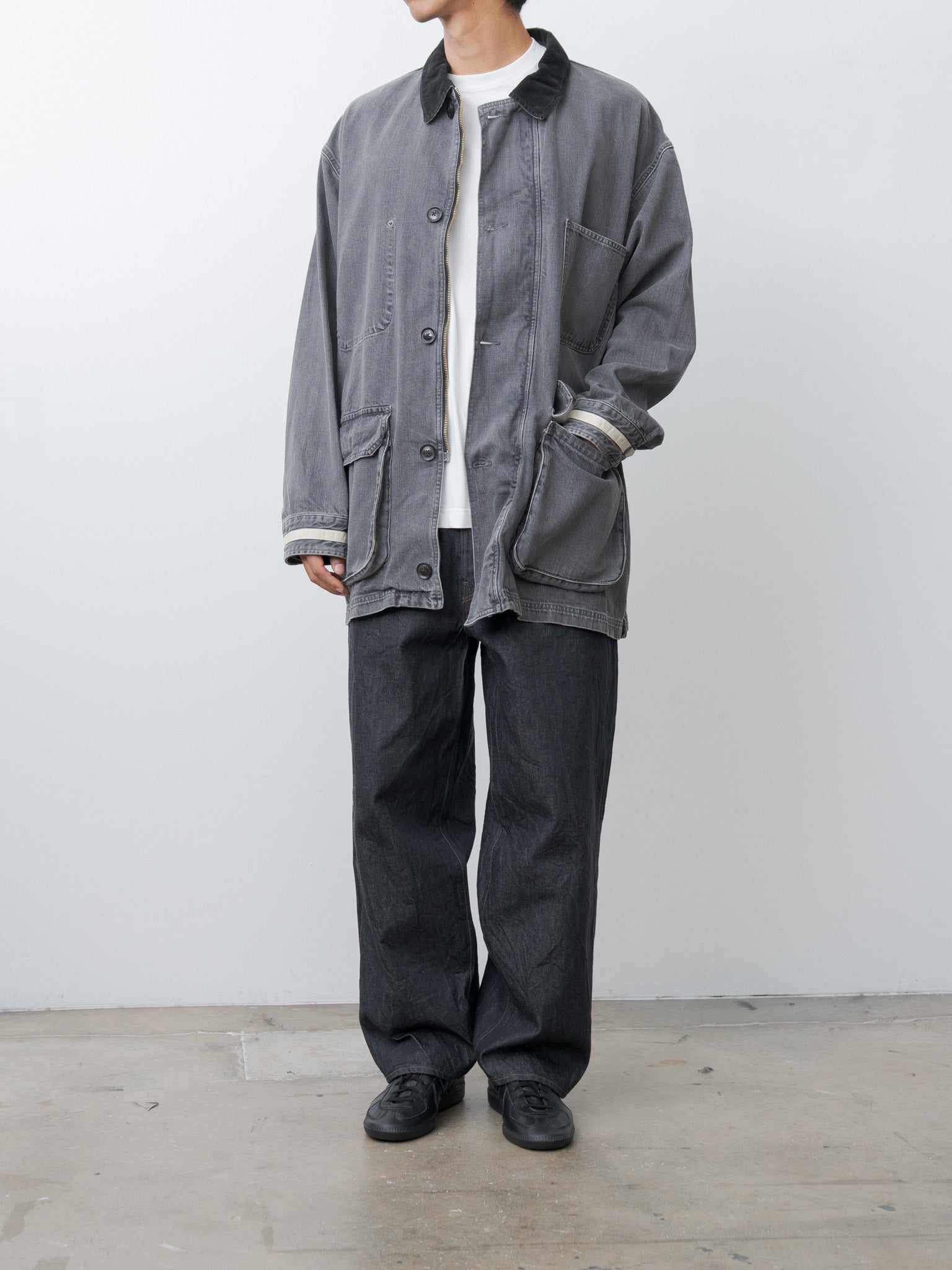 Namu Shop - Yoke Vintaged Denim Coverall Half Coat - Black