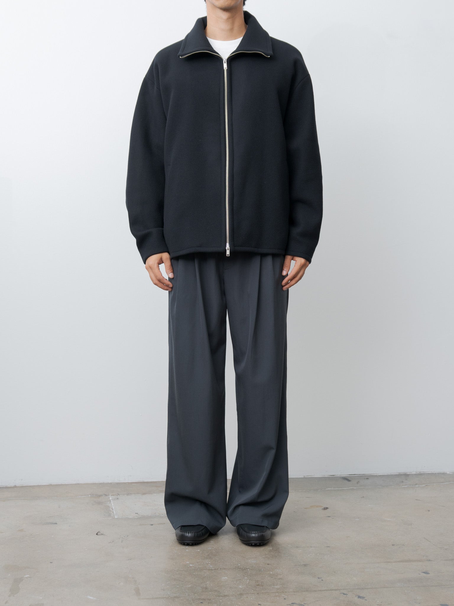 Namu Shop - Yoke Wool Washer Twill 2pleated Wide-leg Easy Trousers - Navy