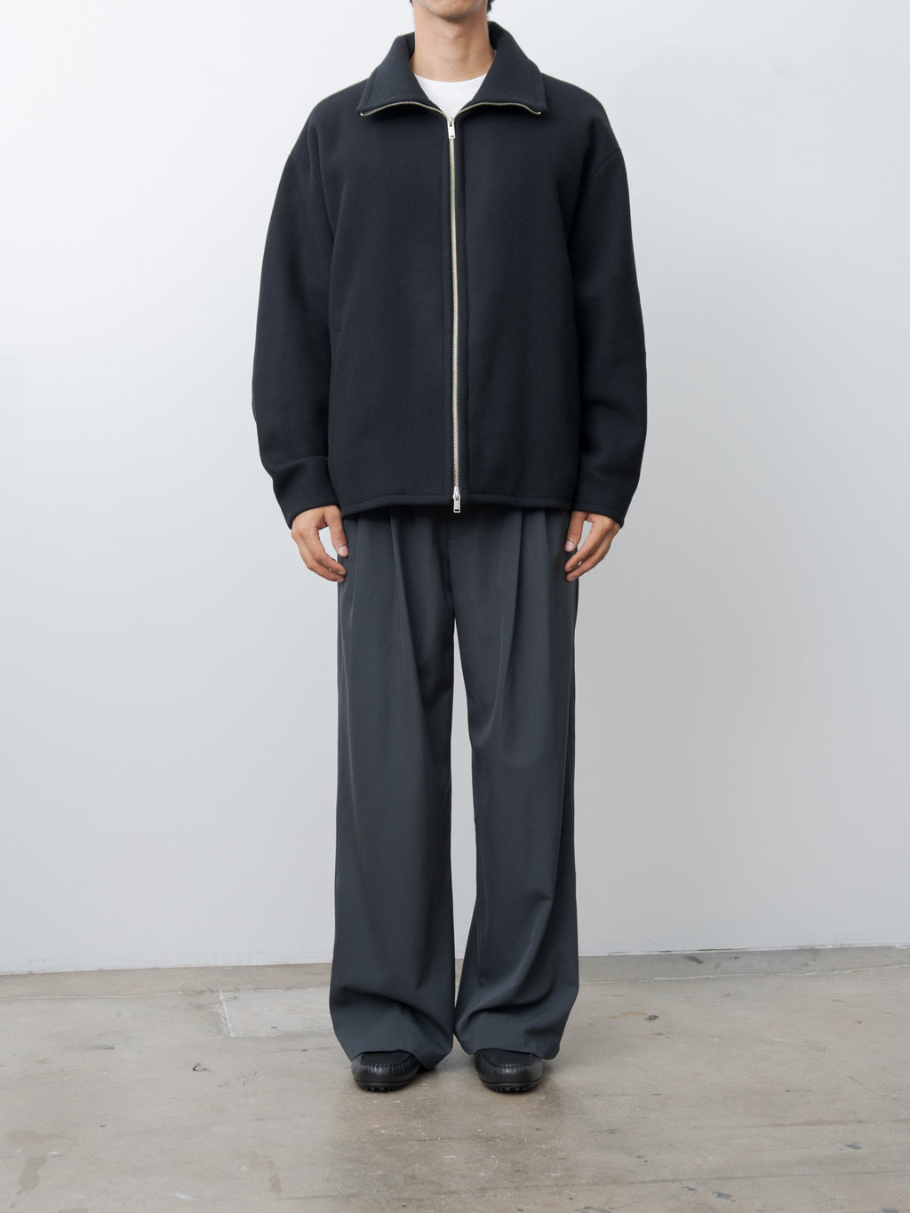 Namu Shop - Yoke Wool Washer Twill 2pleated Wide-leg Easy Trousers - Navy