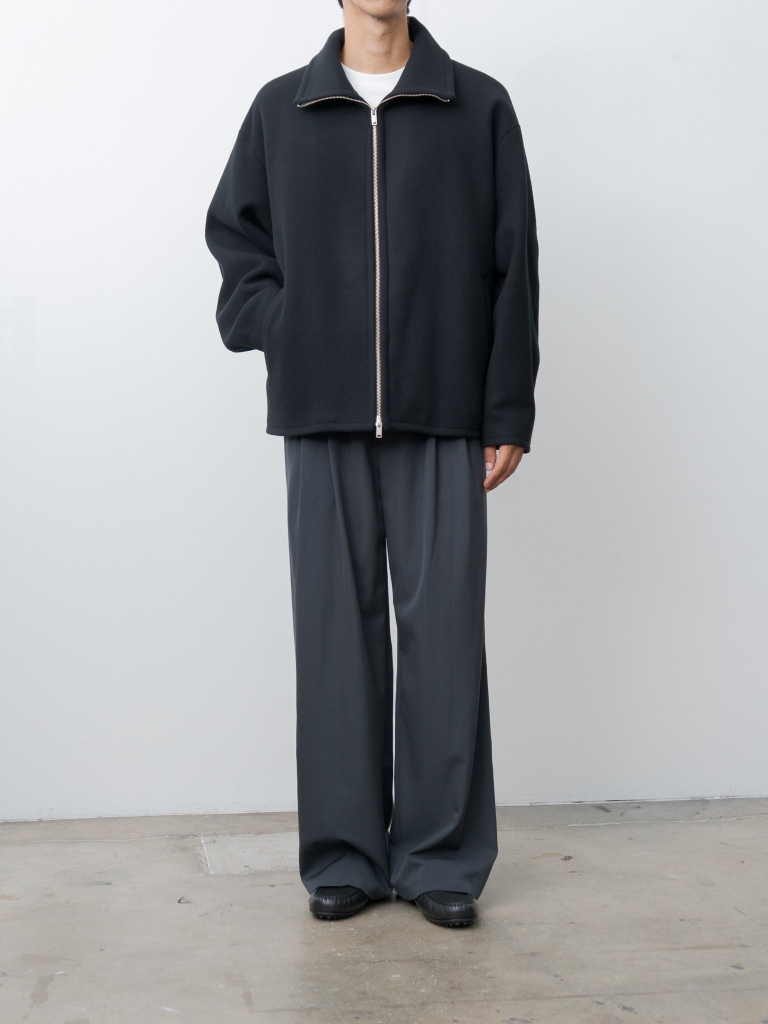 Namu Shop - Yoke Melton Stand Collar Zip Blouson - Black