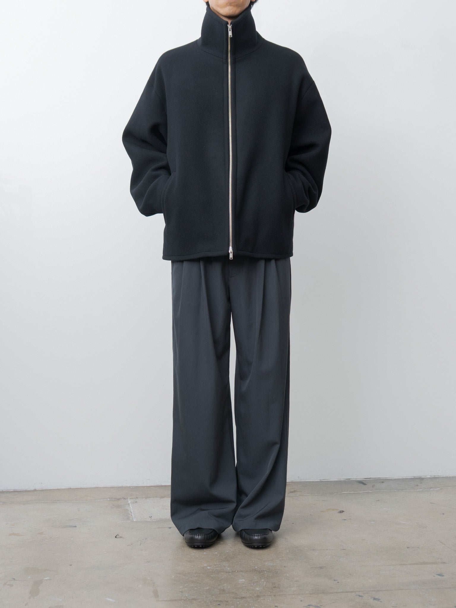 Namu Shop - Yoke Wool Washer Twill 2pleated Wide-leg Easy Trousers - Navy