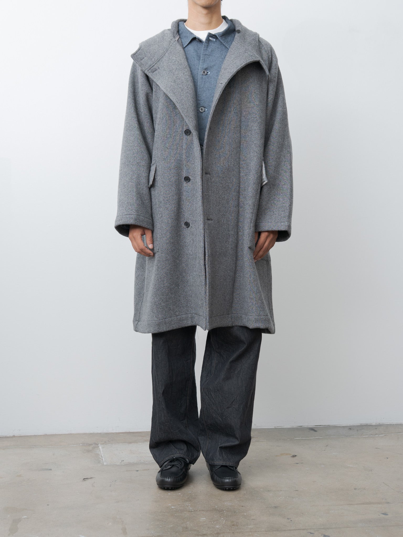 Namu Shop - ts(s) Herringbone Wool/Nylon Double Cloth Raglan Sleeve Hooded Easy Coat - Gray