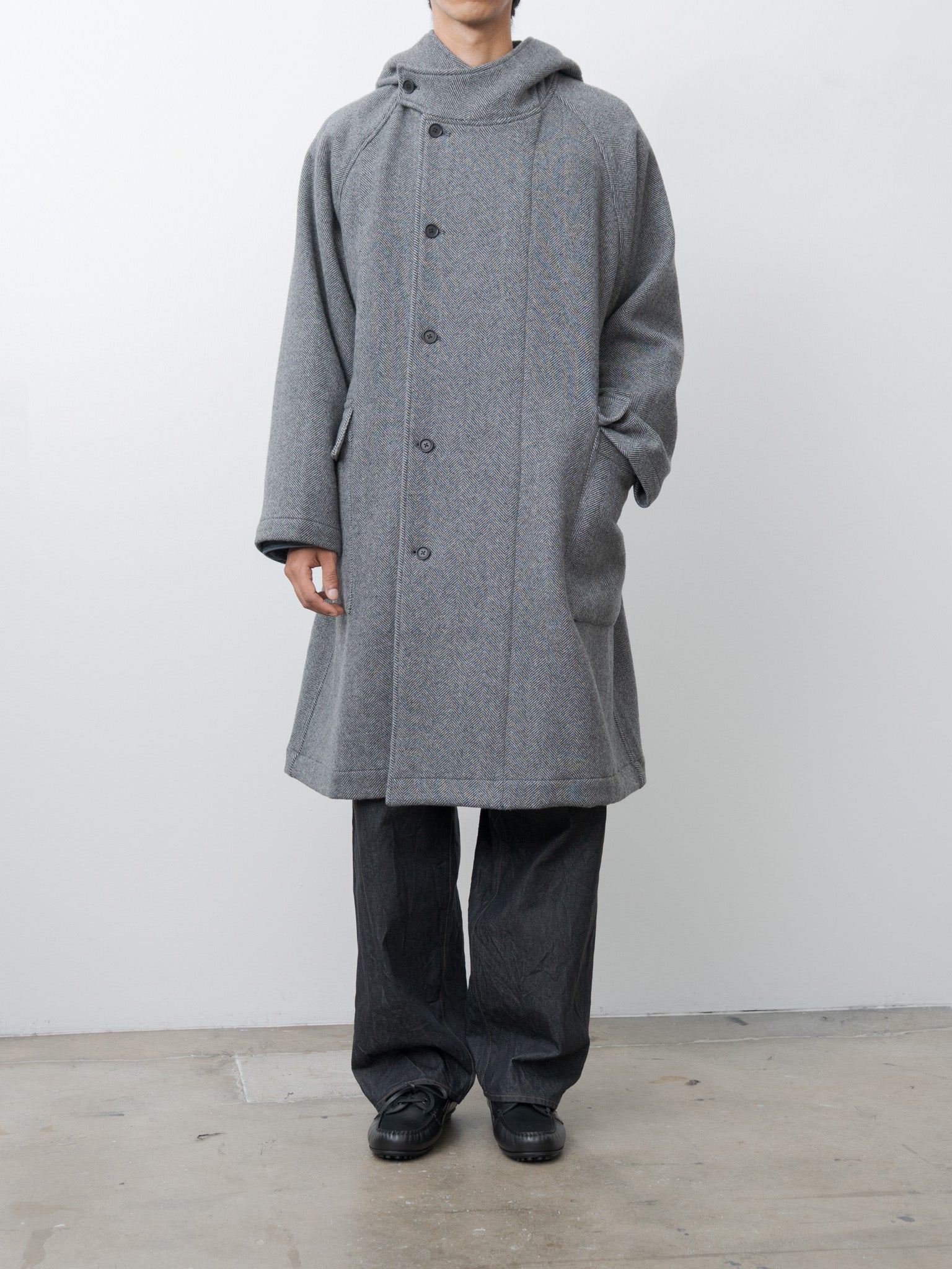 Namu Shop - ts(s) Herringbone Wool/Nylon Double Cloth Raglan Sleeve Hooded Easy Coat - Gray