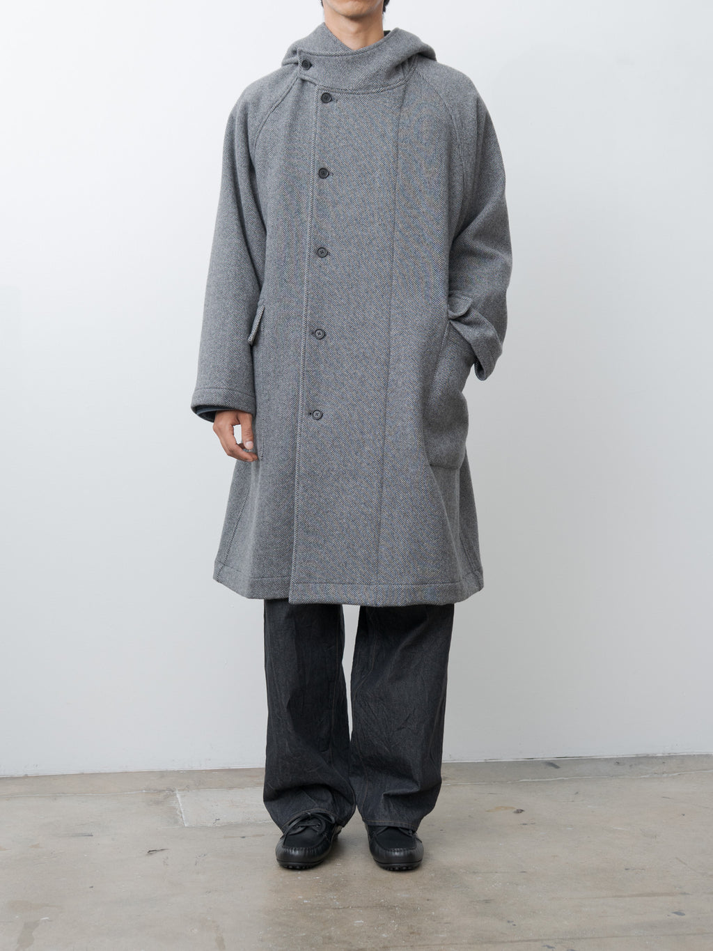 Namu Shop - ts(s) Herringbone Wool/Nylon Double Cloth Raglan Sleeve Hooded Easy Coat - Gray