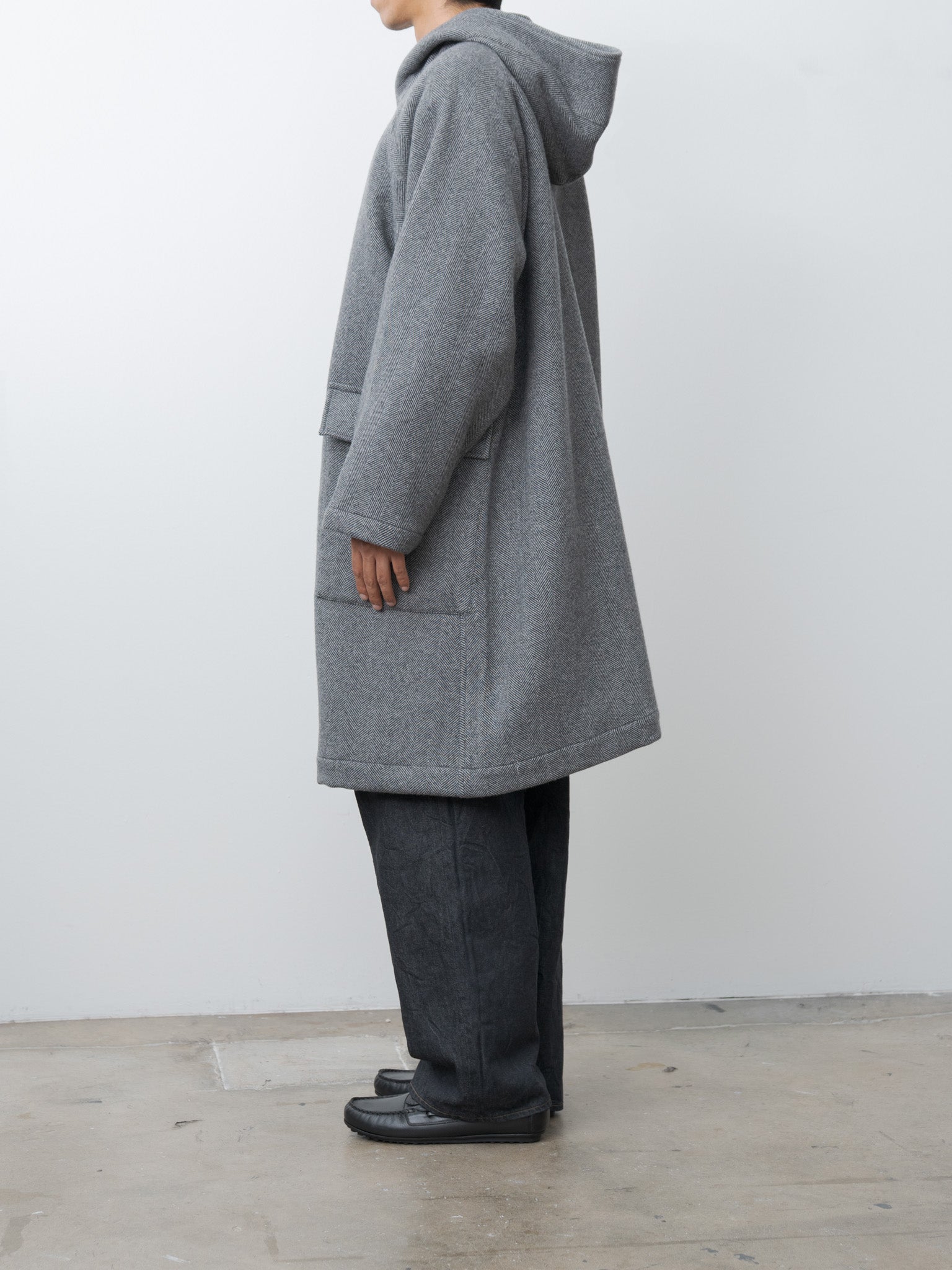 Namu Shop - ts(s) Herringbone Wool/Nylon Double Cloth Raglan Sleeve Hooded Easy Coat - Gray
