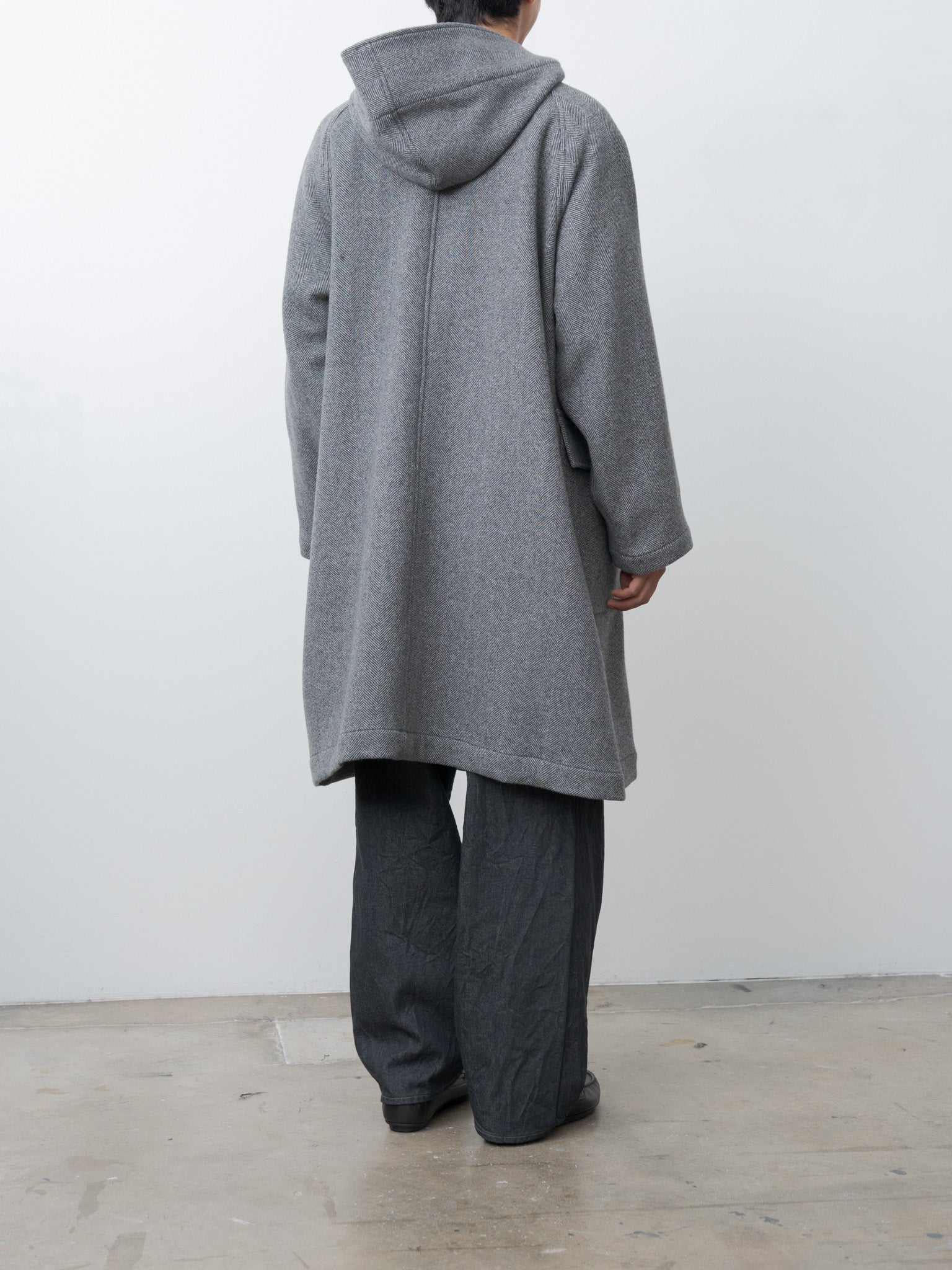 Namu Shop - ts(s) Herringbone Wool/Nylon Double Cloth Raglan Sleeve Hooded Easy Coat - Gray