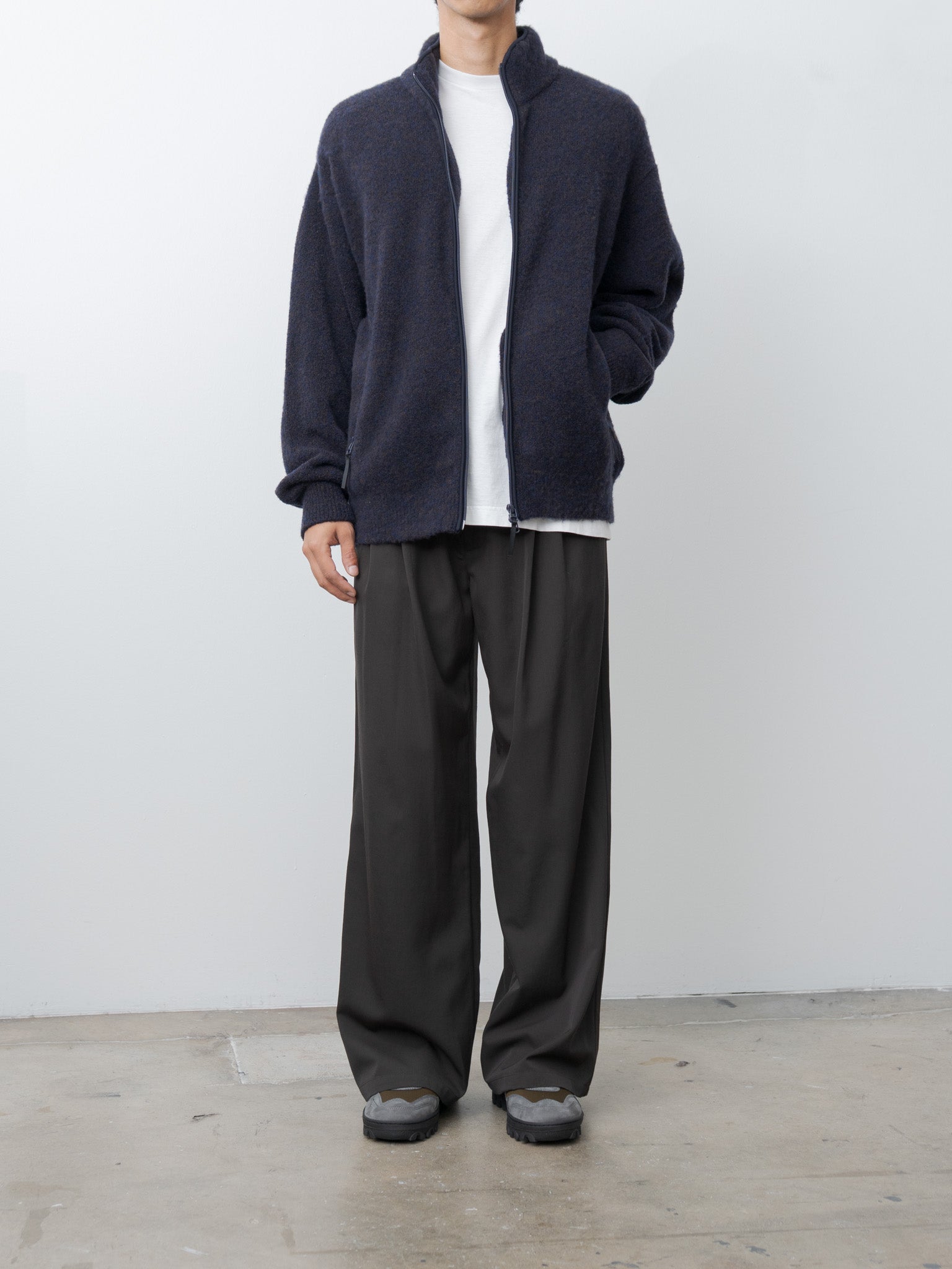 Namu Shop - Yoke Boucle Knit Zip Jacket - Navy