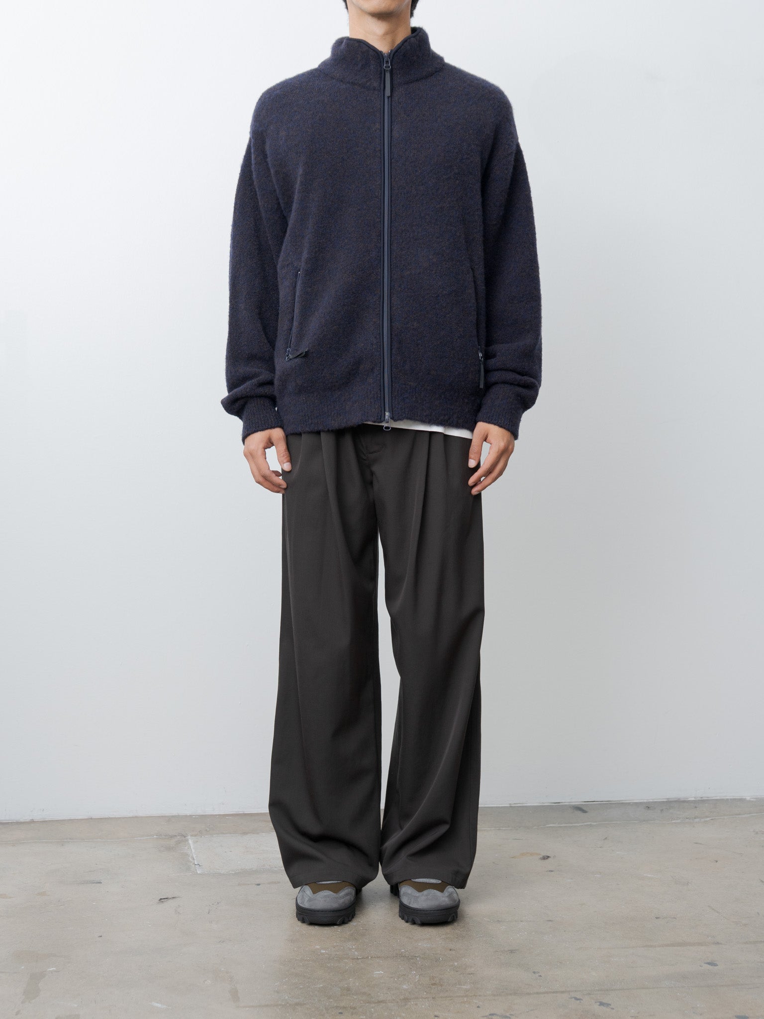 Namu Shop - Yoke Boucle Knit Zip Jacket - Navy