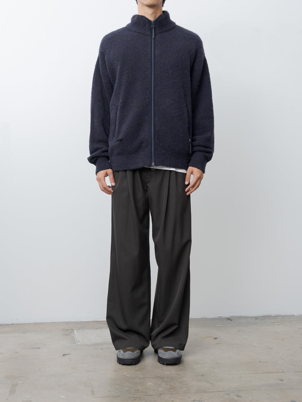 Namu Shop - Yoke Boucle Knit Zip Jacket - Navy