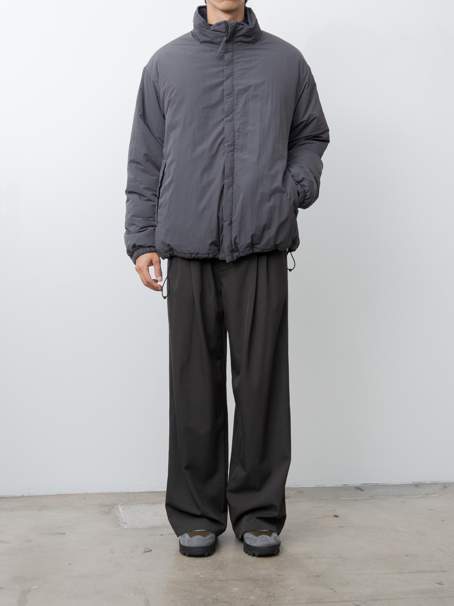 Namu Shop - Yoke Wool Washer Twill 2pleated Wide-leg Easy Trousers - Brown