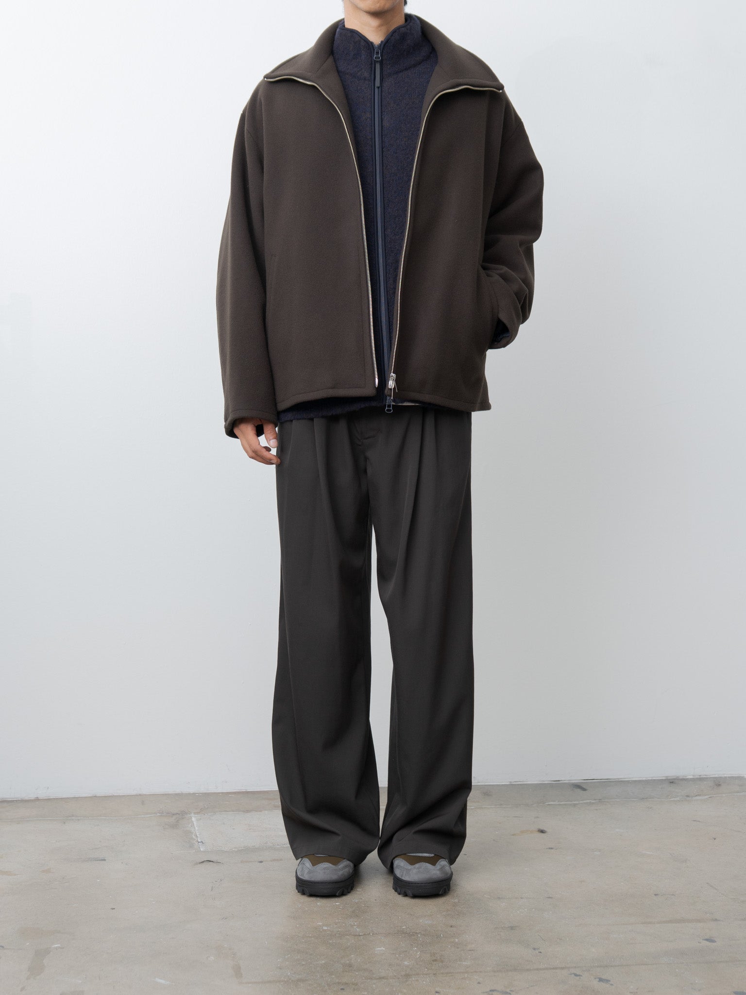 Namu Shop - Yoke Melton Stand Collar Zip Blouson - Brown