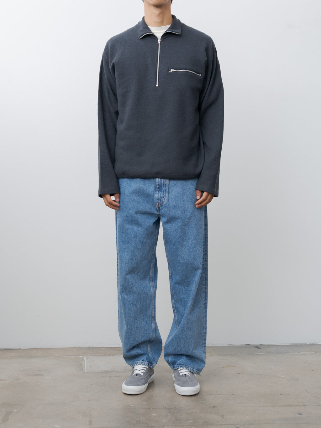 Namu Shop - Yleve Ultrafine Merino Milled Wool Knit Half Zip P/O - Smokey Navy