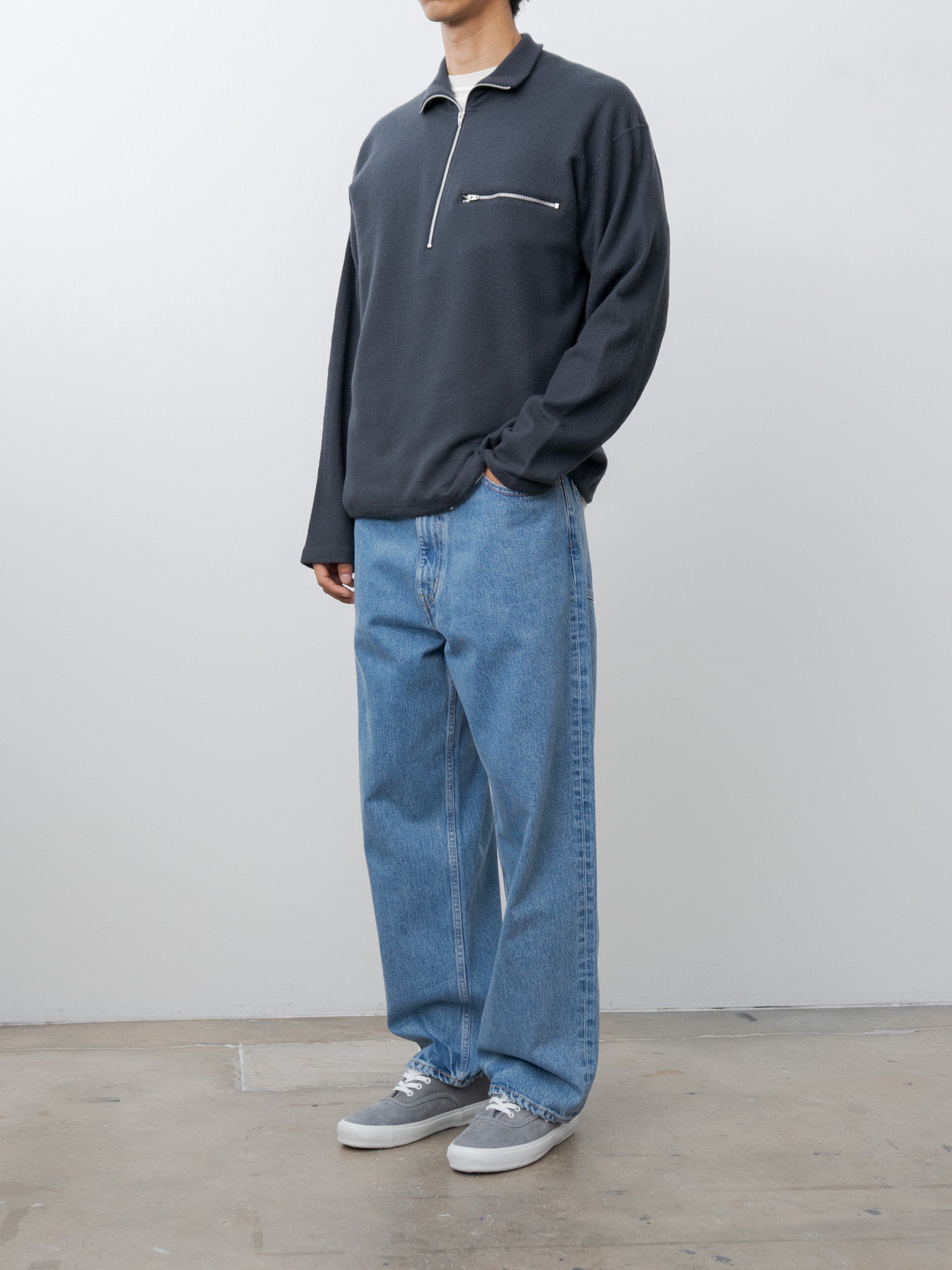 Namu Shop - Yleve Ultrafine Merino Milled Wool Knit Half Zip P/O - Smokey Navy
