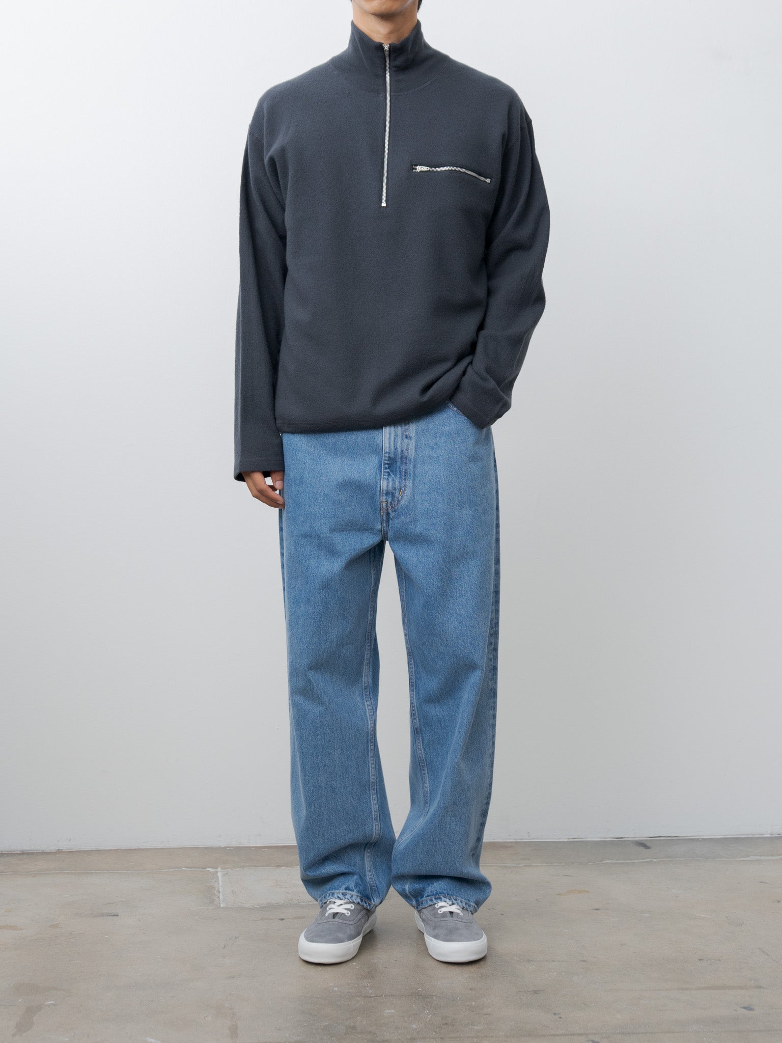 Namu Shop - Yleve Ultrafine Merino Milled Wool Knit Half Zip P/O - Smokey Navy