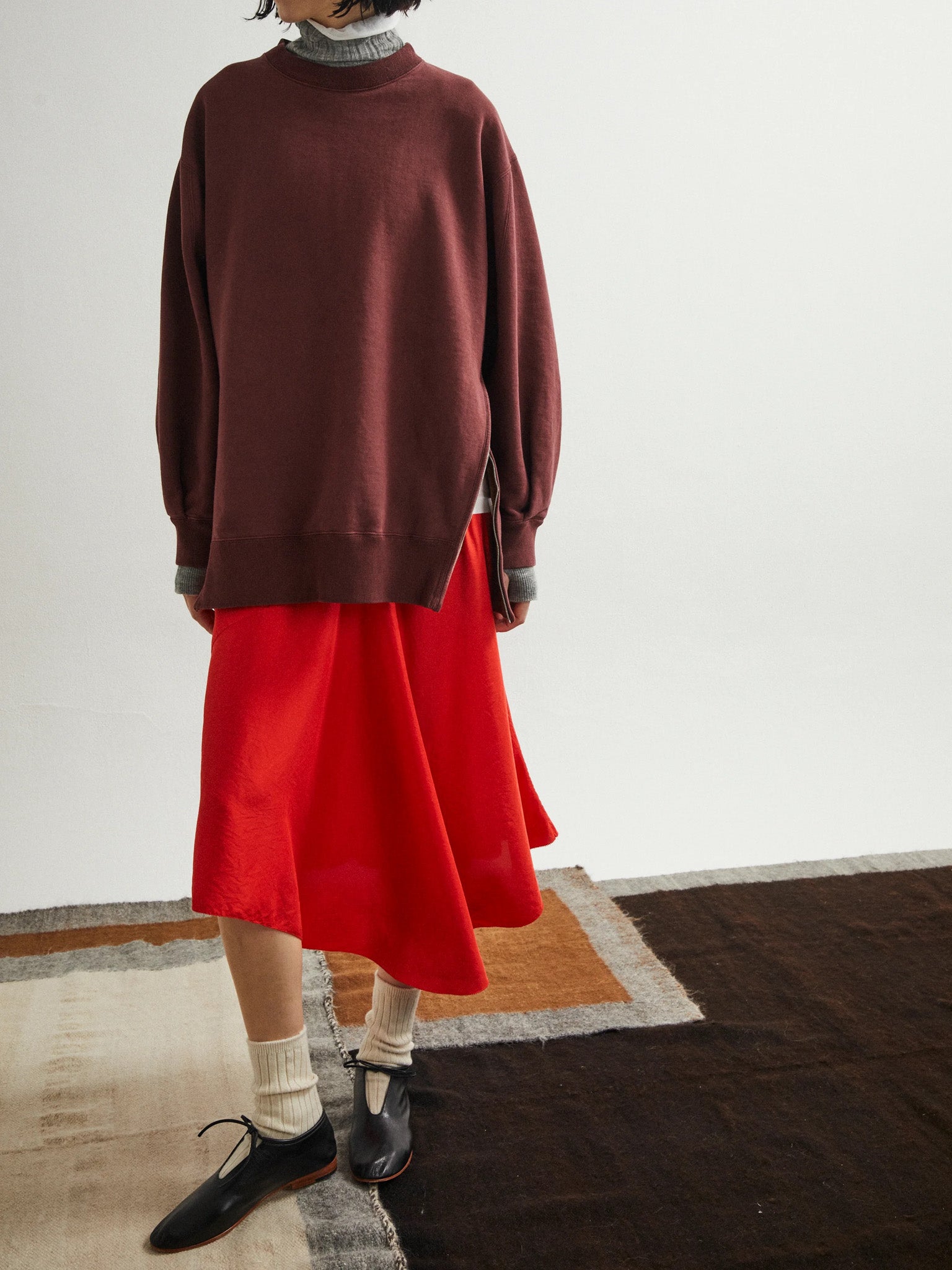 Namu Shop - Unfil Vintage Cotton Fleece Side Zip Oversized Sweatshirt - Burgundy