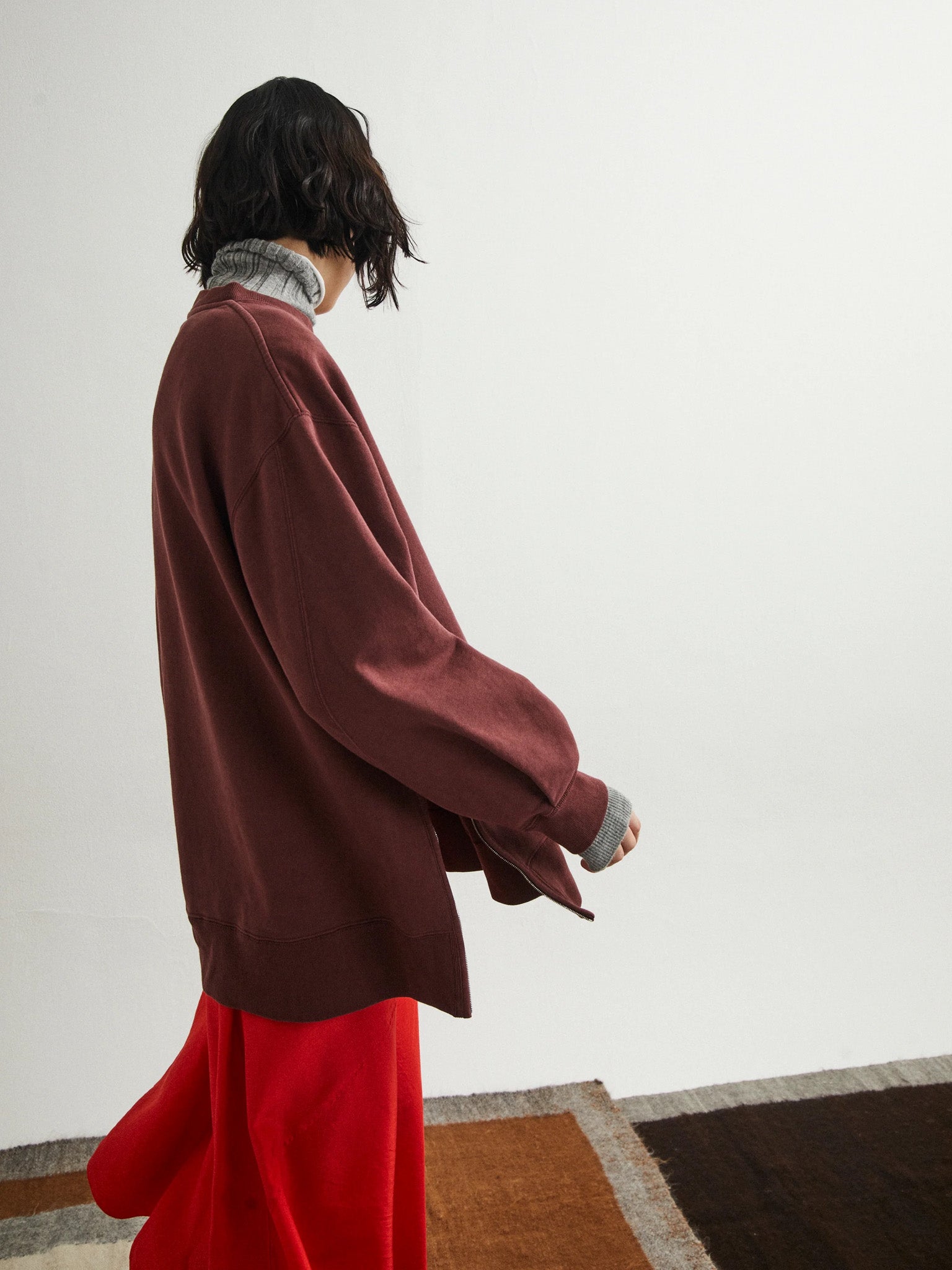 Namu Shop - Unfil Vintage Cotton Fleece Side Zip Oversized Sweatshirt - Burgundy