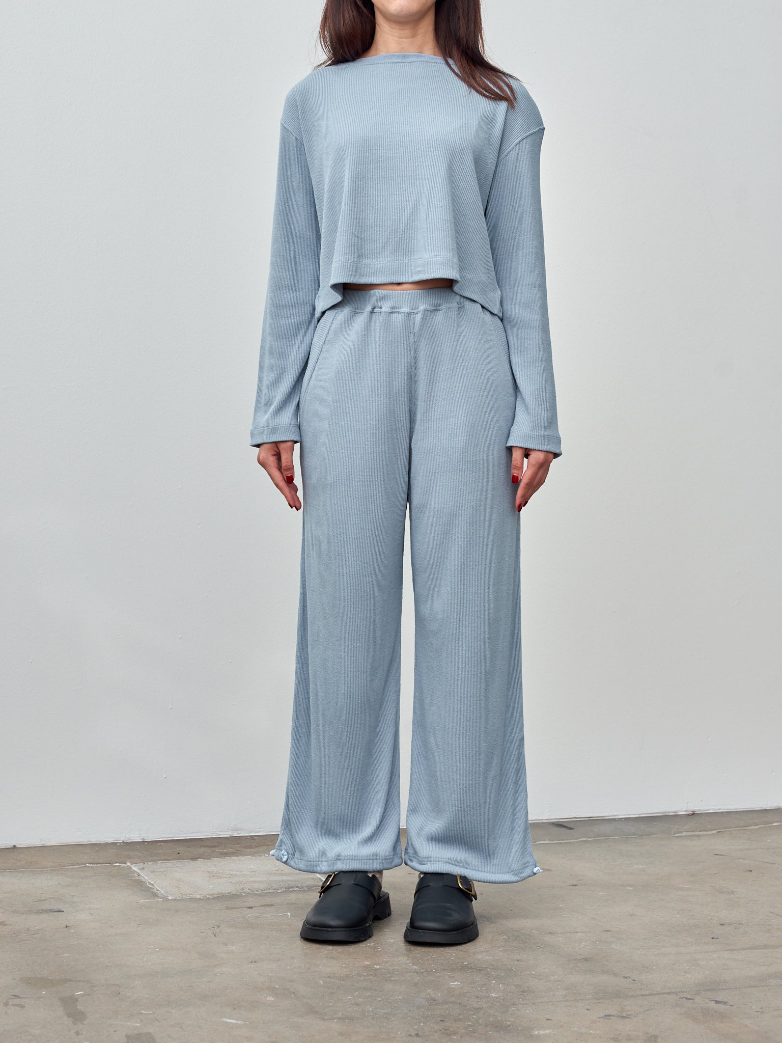 Namu Shop - Unfil Raw Silk Rib Jersey Wide Leg Truck Pants - Smoky Blue