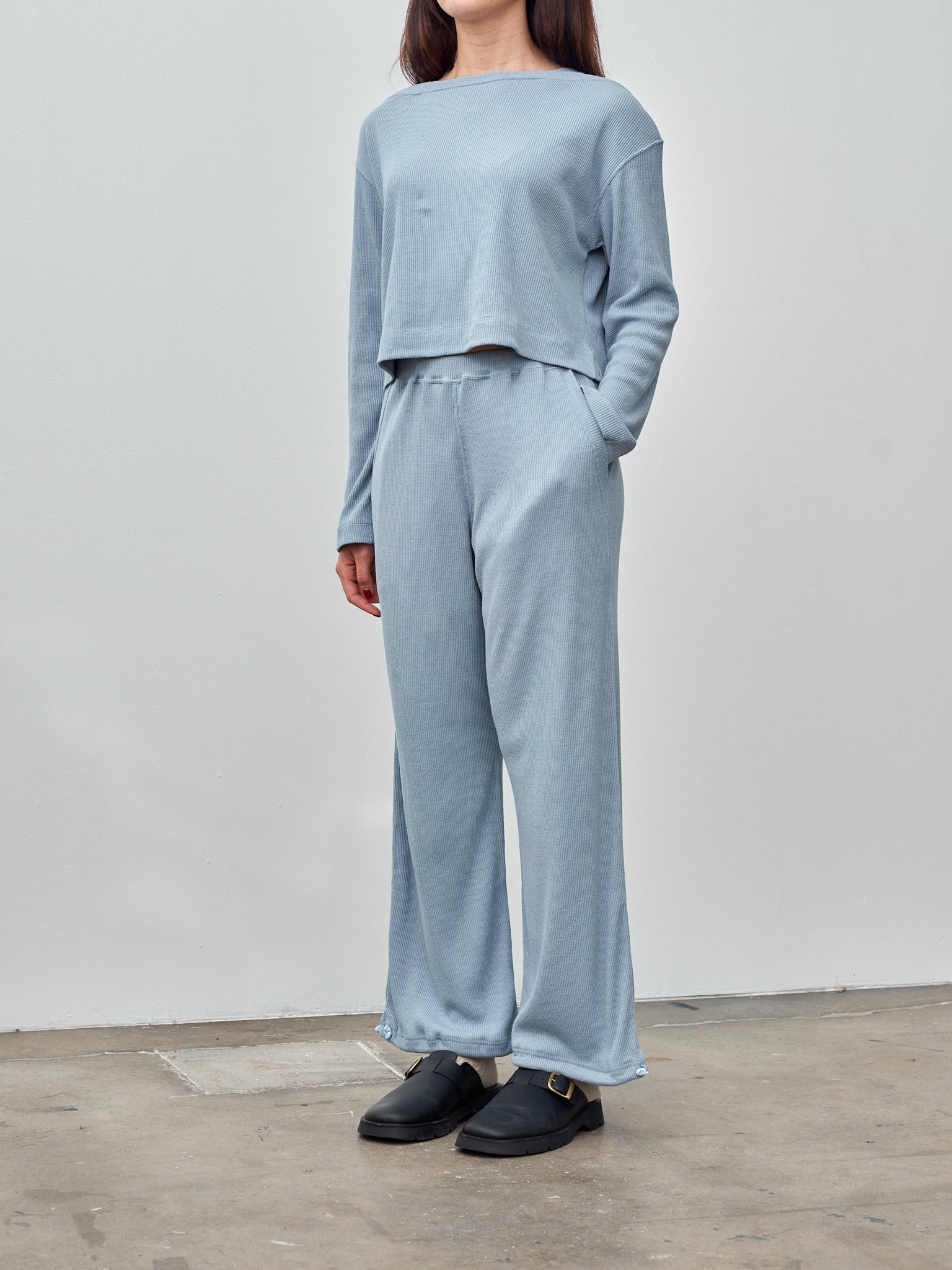 Namu Shop - Unfil Raw Silk Rib Jersey Cropped Long Sleeve Tee - Smoky Blue