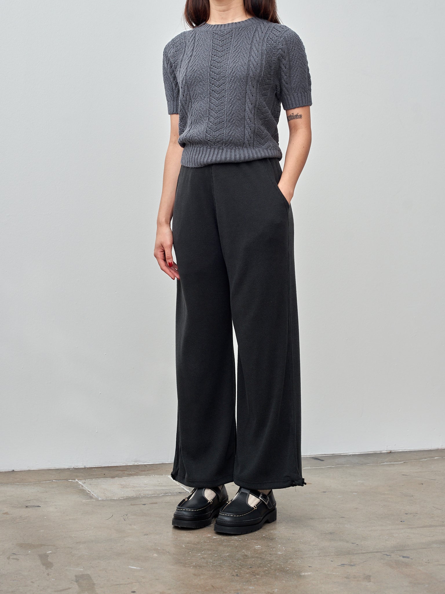 Namu Shop - Unfil Raw Silk Rib Jersey Wide Leg Truck Pants - Black Berry
