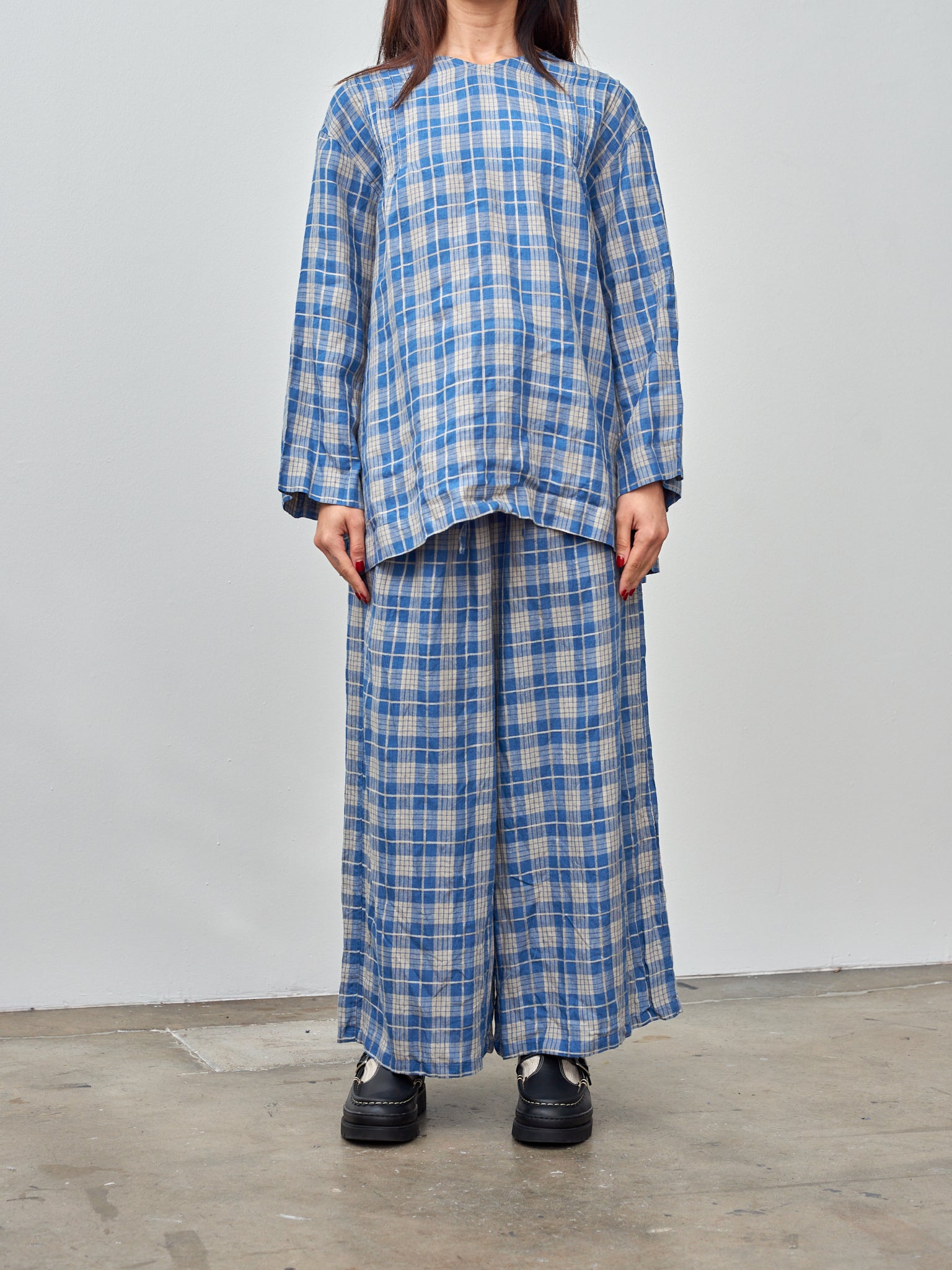Namu Shop - Ichi Indigo Check Pullover - Indigo Light x Natural