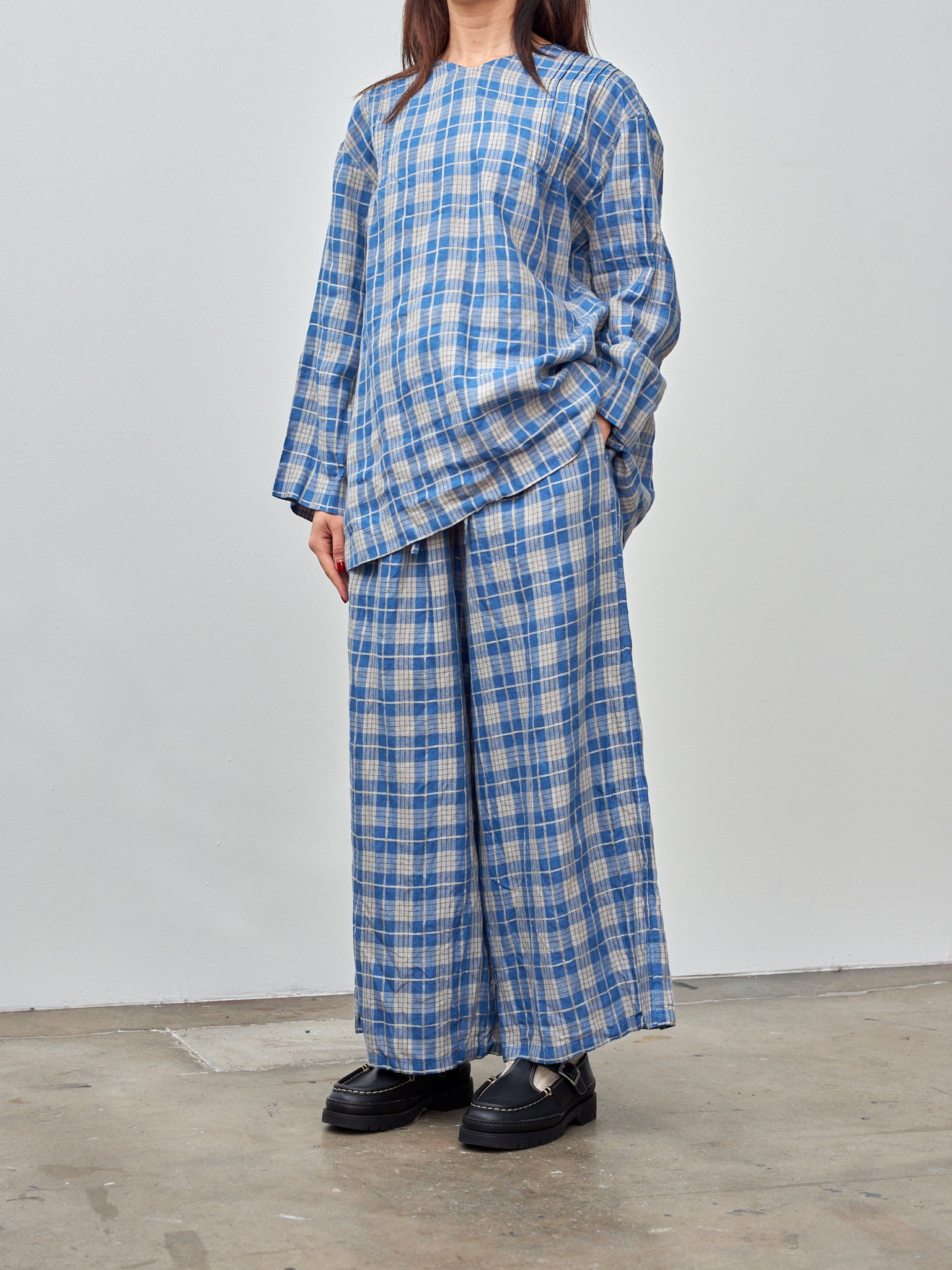 Namu Shop - Ichi Indigo Check Pullover - Indigo Light x Natural