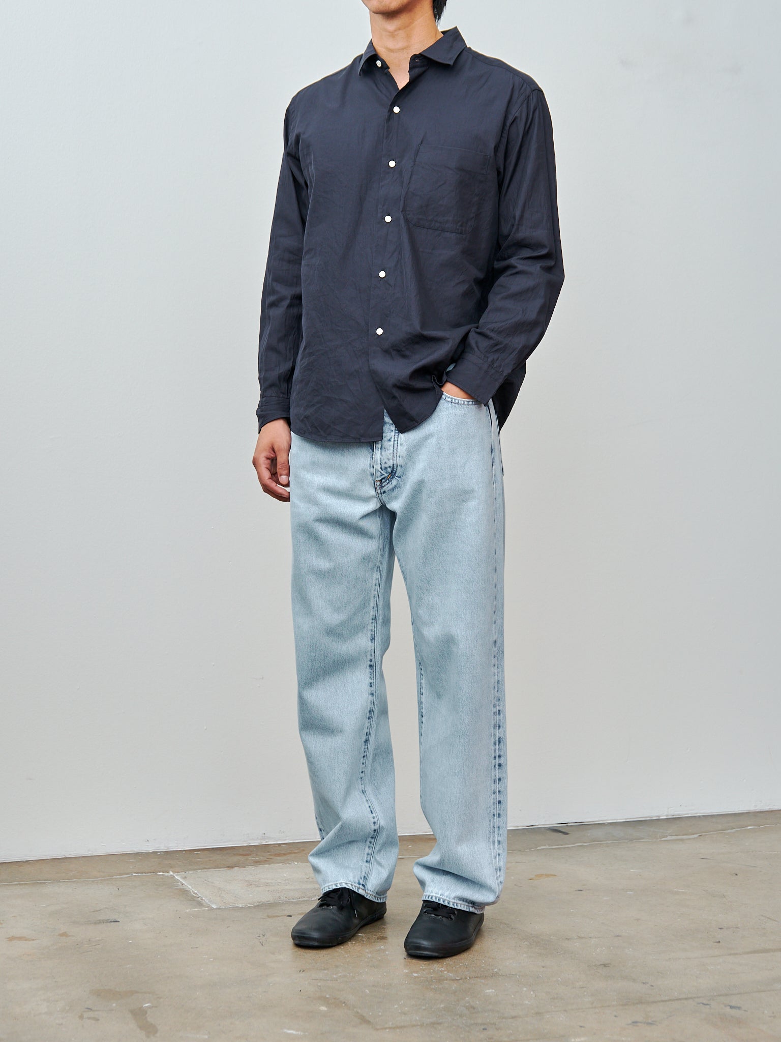 Namu Shop - Kaptain Sunshine Semi Spread Collar Shirt - Navy Cotton Silk