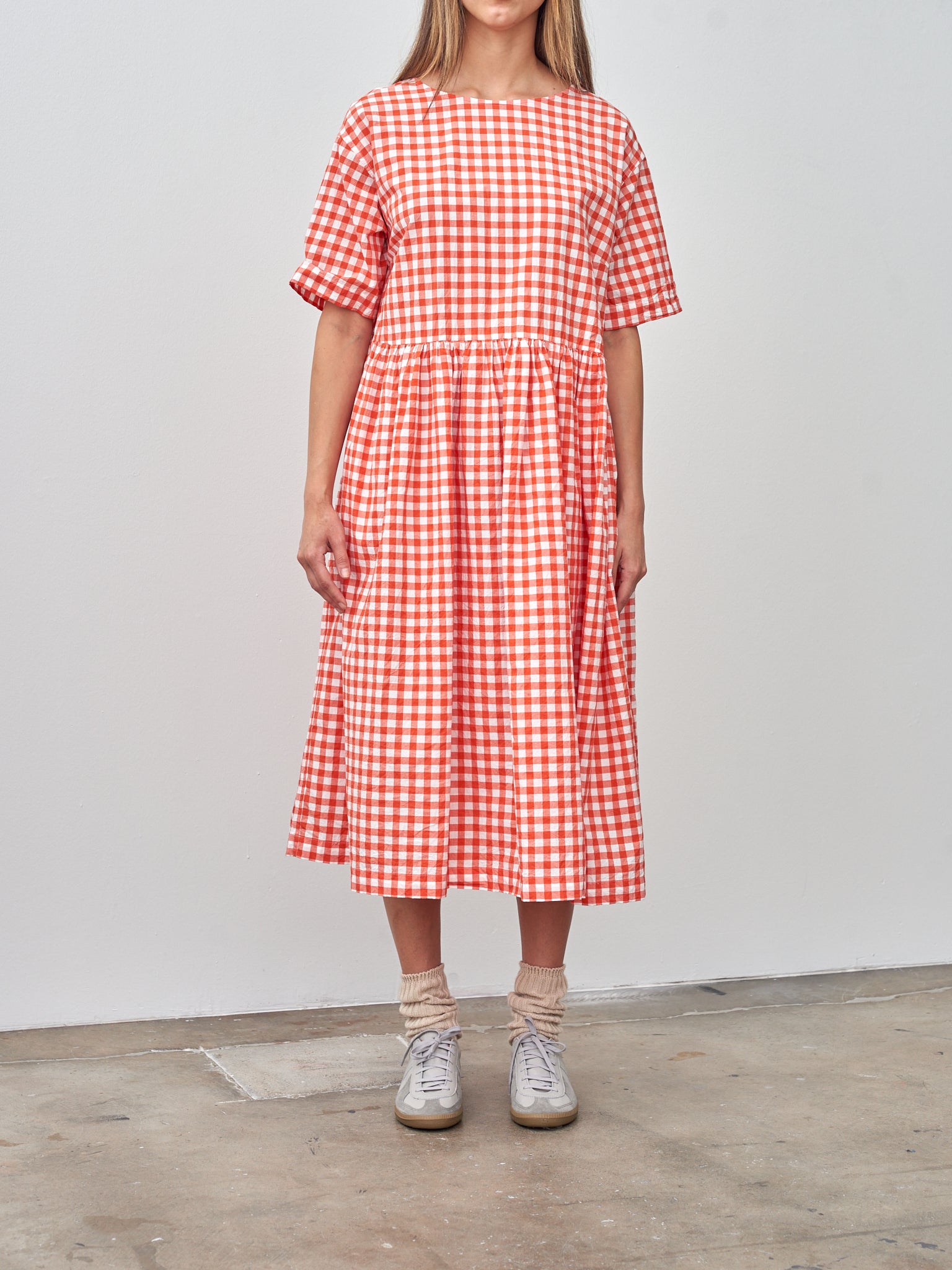 Namu Shop - Veritecoeur Gingham Check Gather Dress - Orange