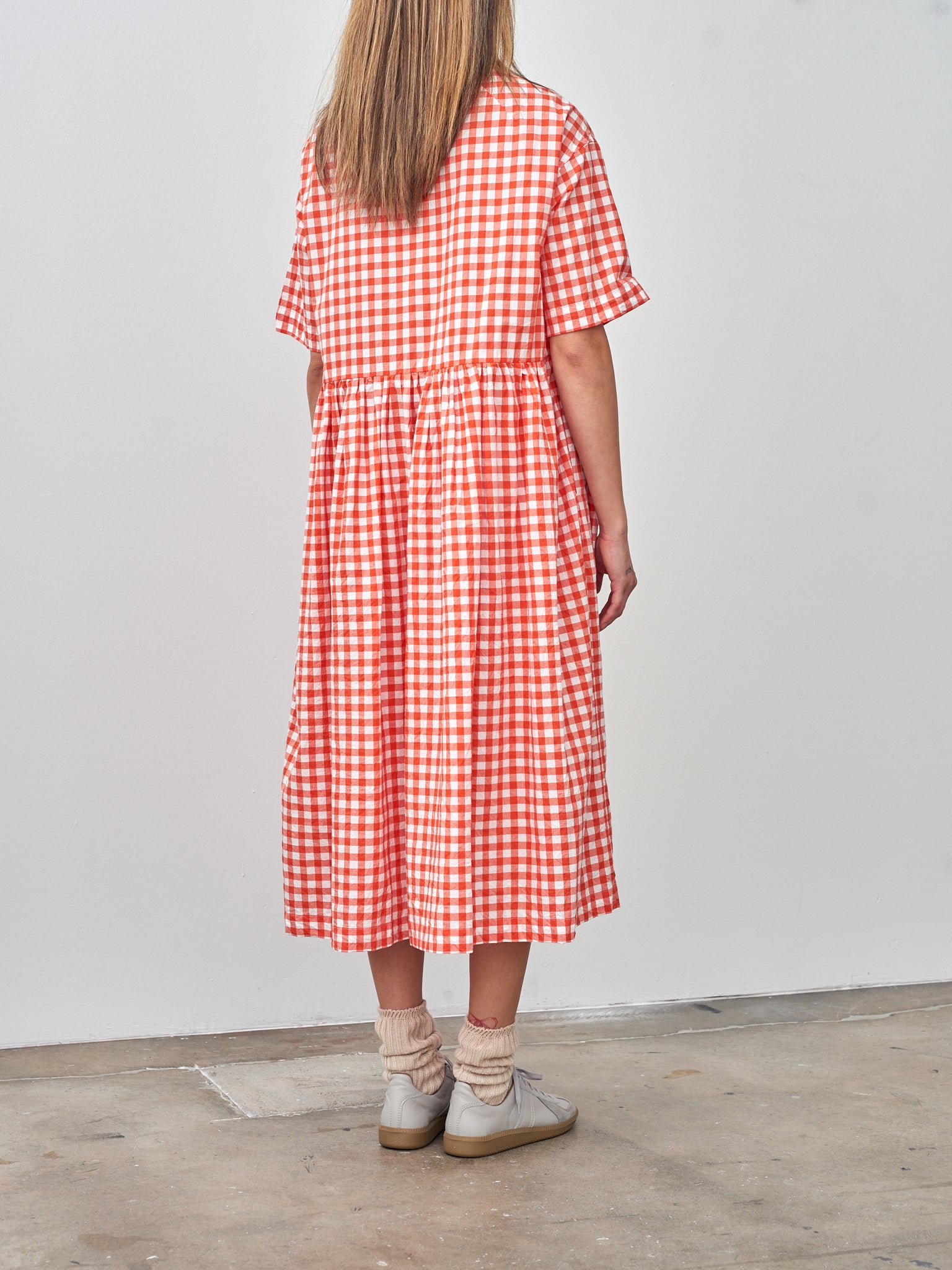 Namu Shop - Veritecoeur Gingham Check Gather Dress - Orange
