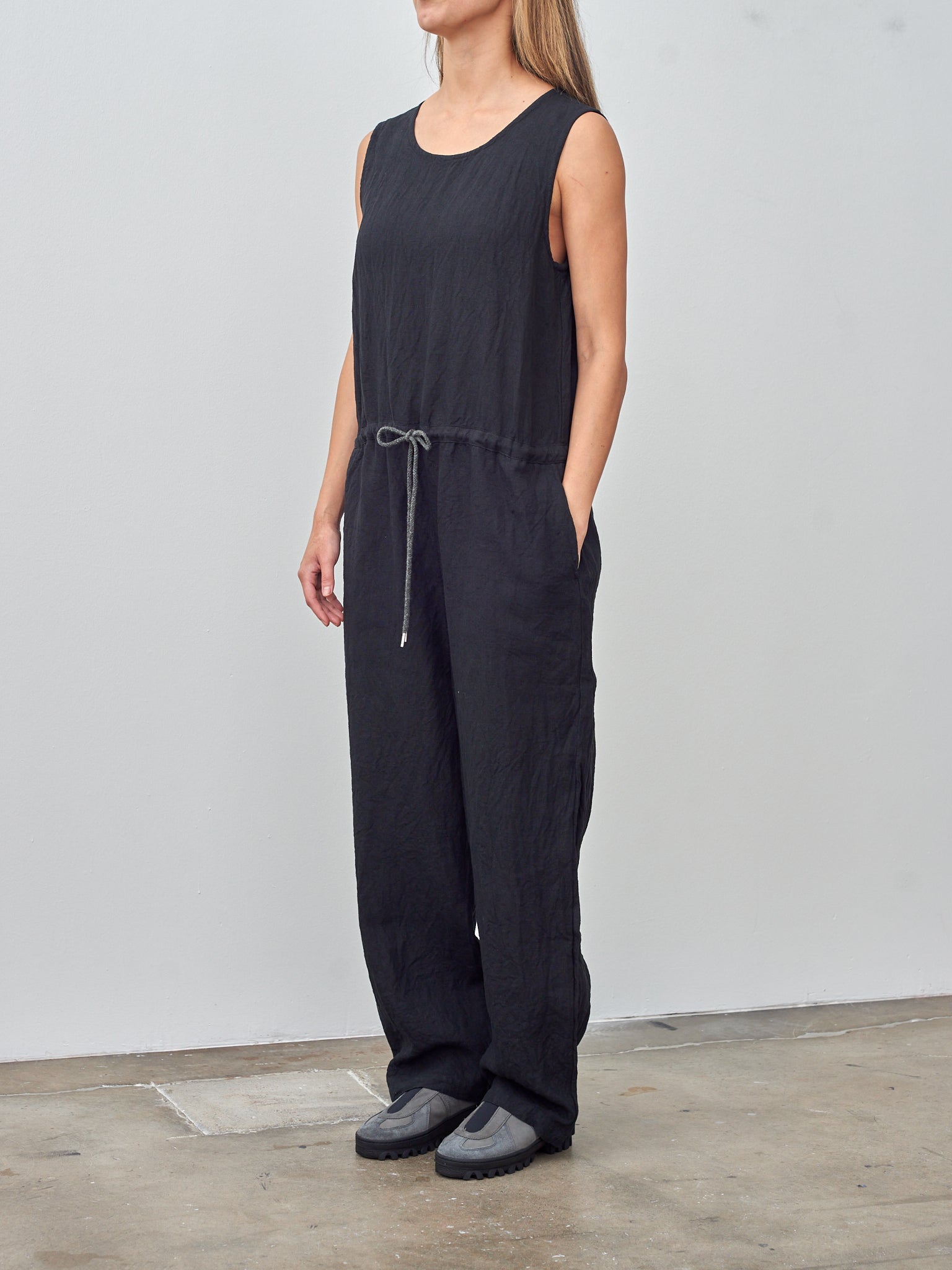Namu Shop - Ichi Antiquites Linen Canvas Sleeveless Jumpsuit - black
