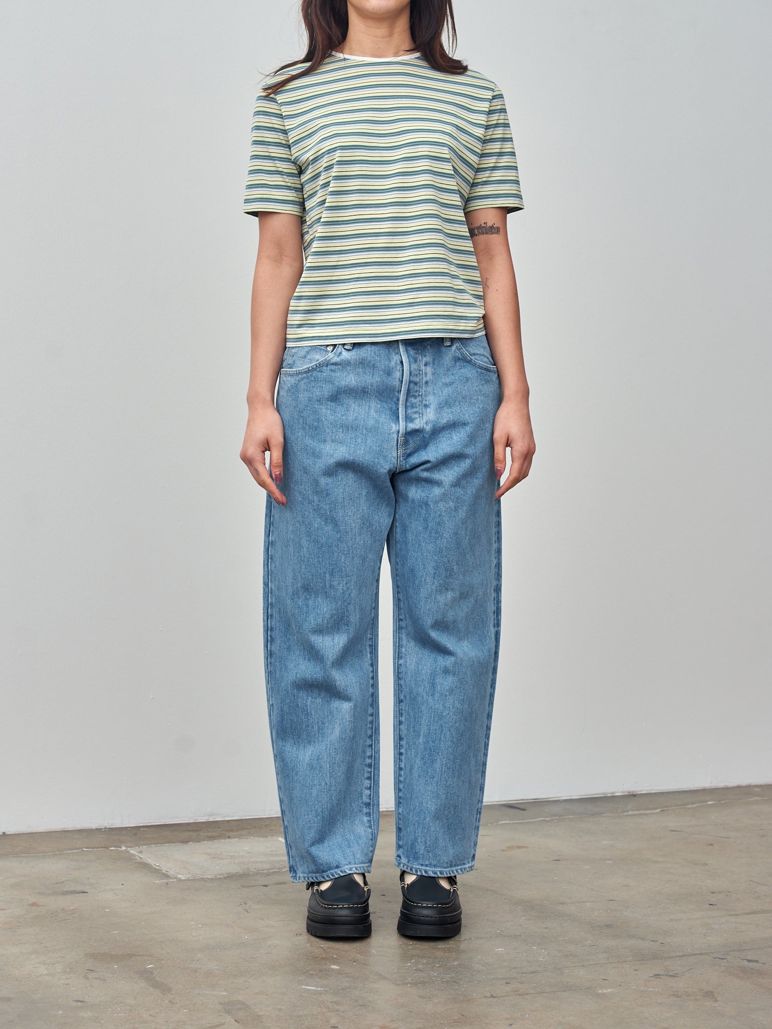 Namu Shop - Auralee Hard Twist Cotton Border Tee - Light Green Border