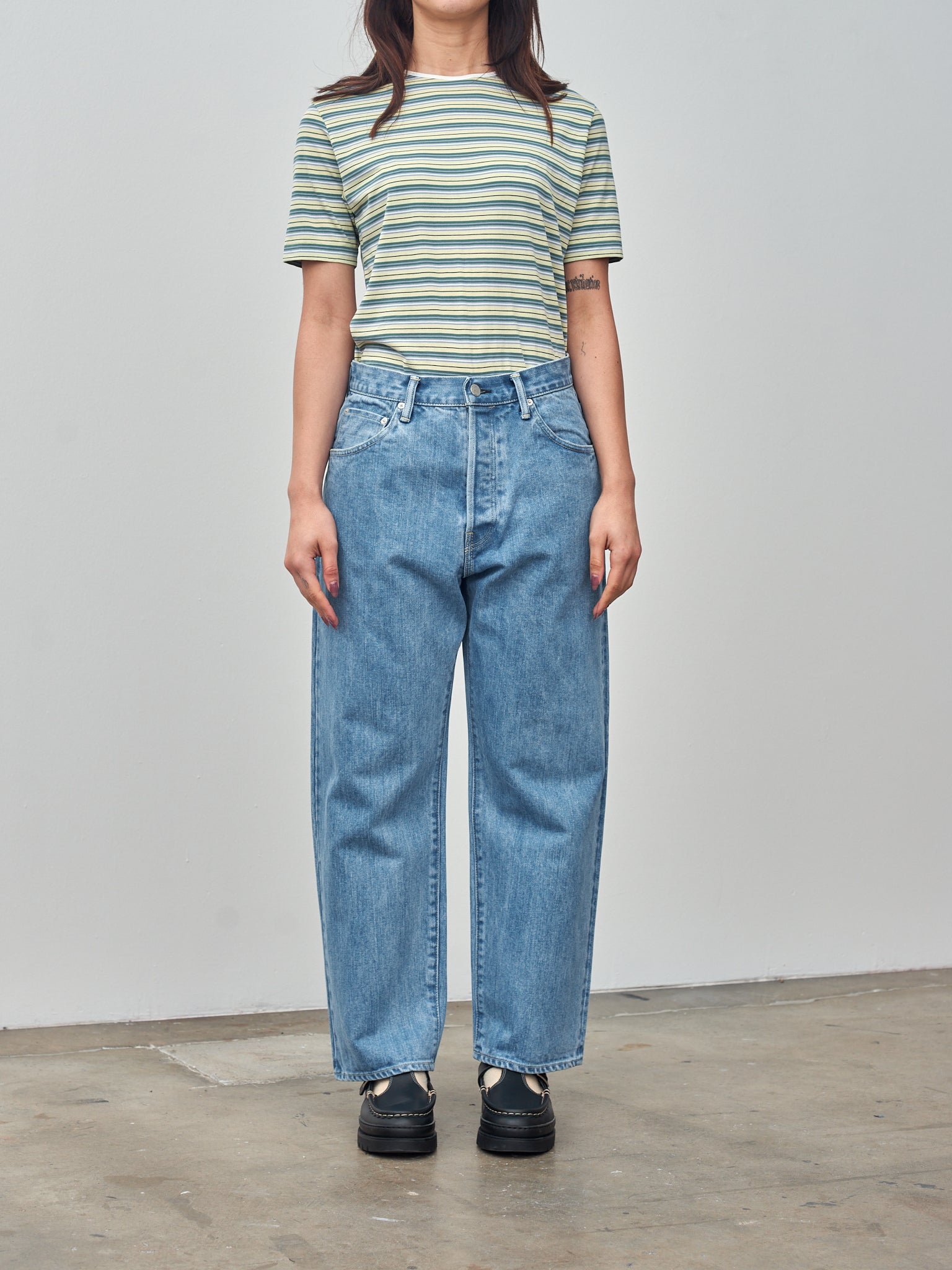 Namu Shop - Auralee Hard Twist Cotton Border Tee - Light Green Border