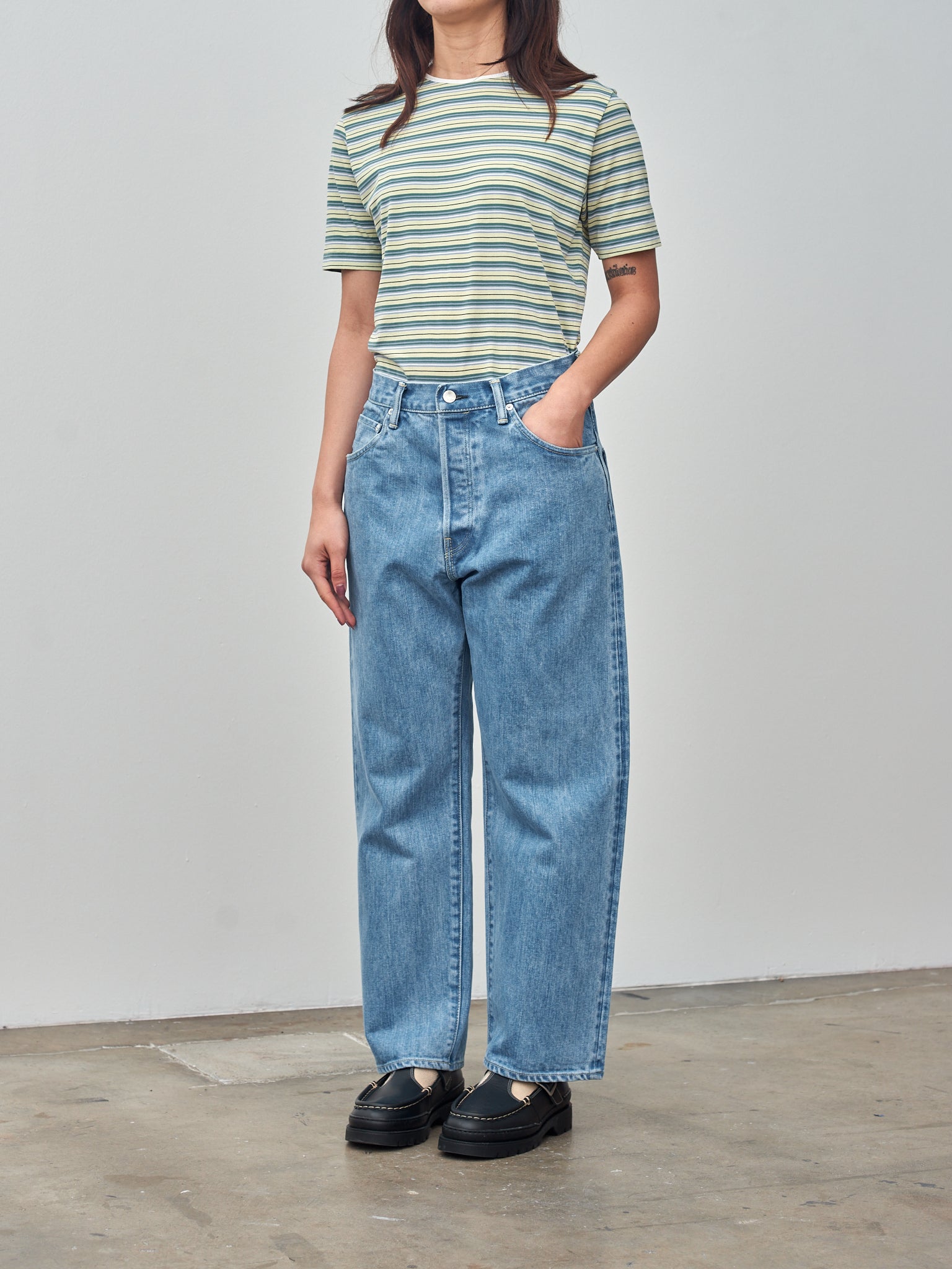 Namu Shop - Auralee Hard Twist Cotton Border Tee - Light Green Border