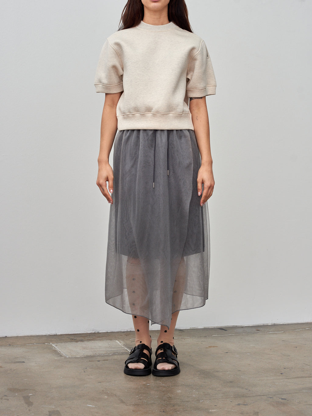 Namu Shop - Unfil Double Facing Jersey Cropped Half Sleeve Top - Oatmeal