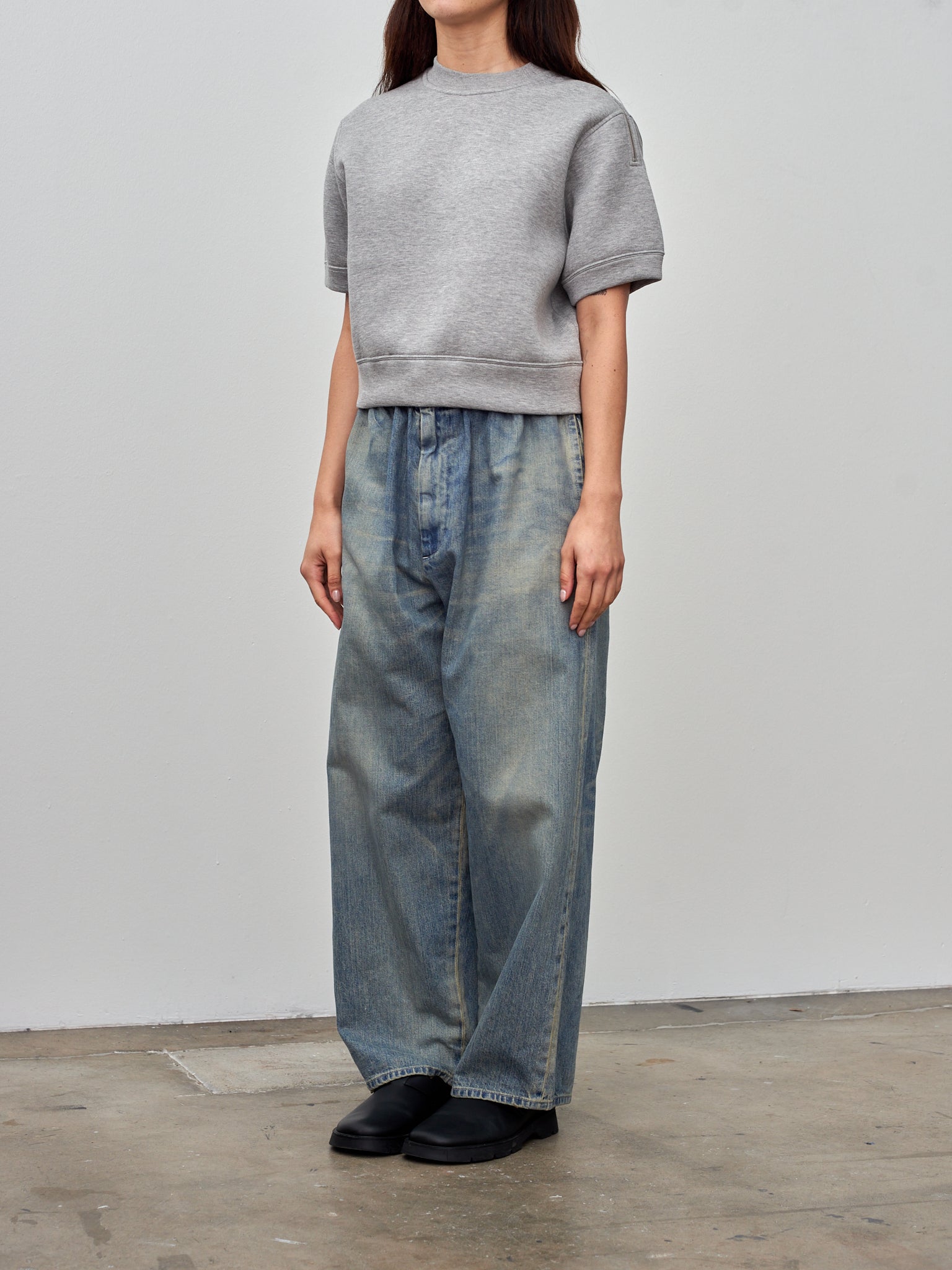 Namu Shop - Unfil Double Facing Jersey Cropped Half Sleeve Top - Heather Gray