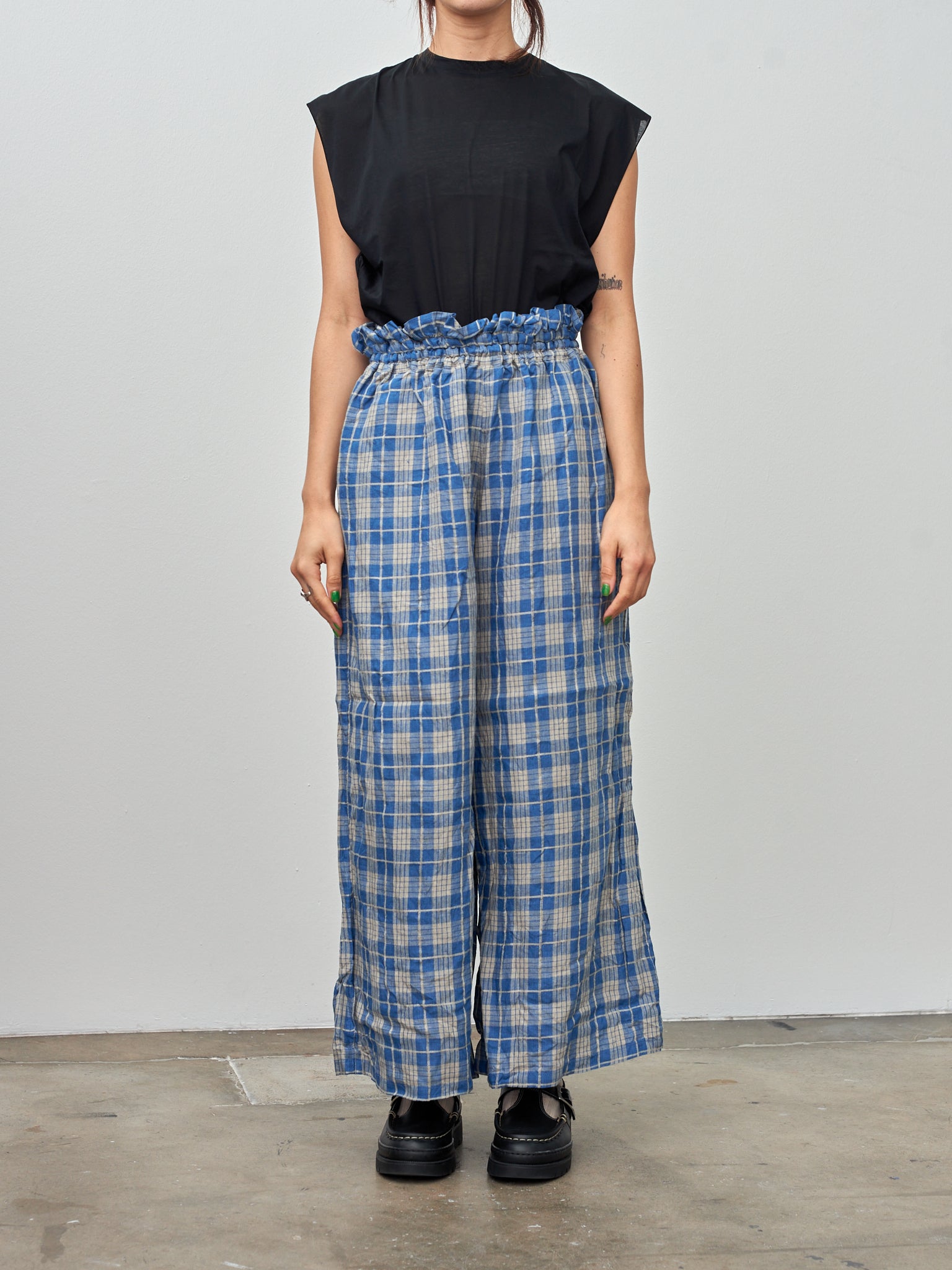Namu Shop - Ichi Antiquites Indigo Check Pants - Indigo Light x Natural