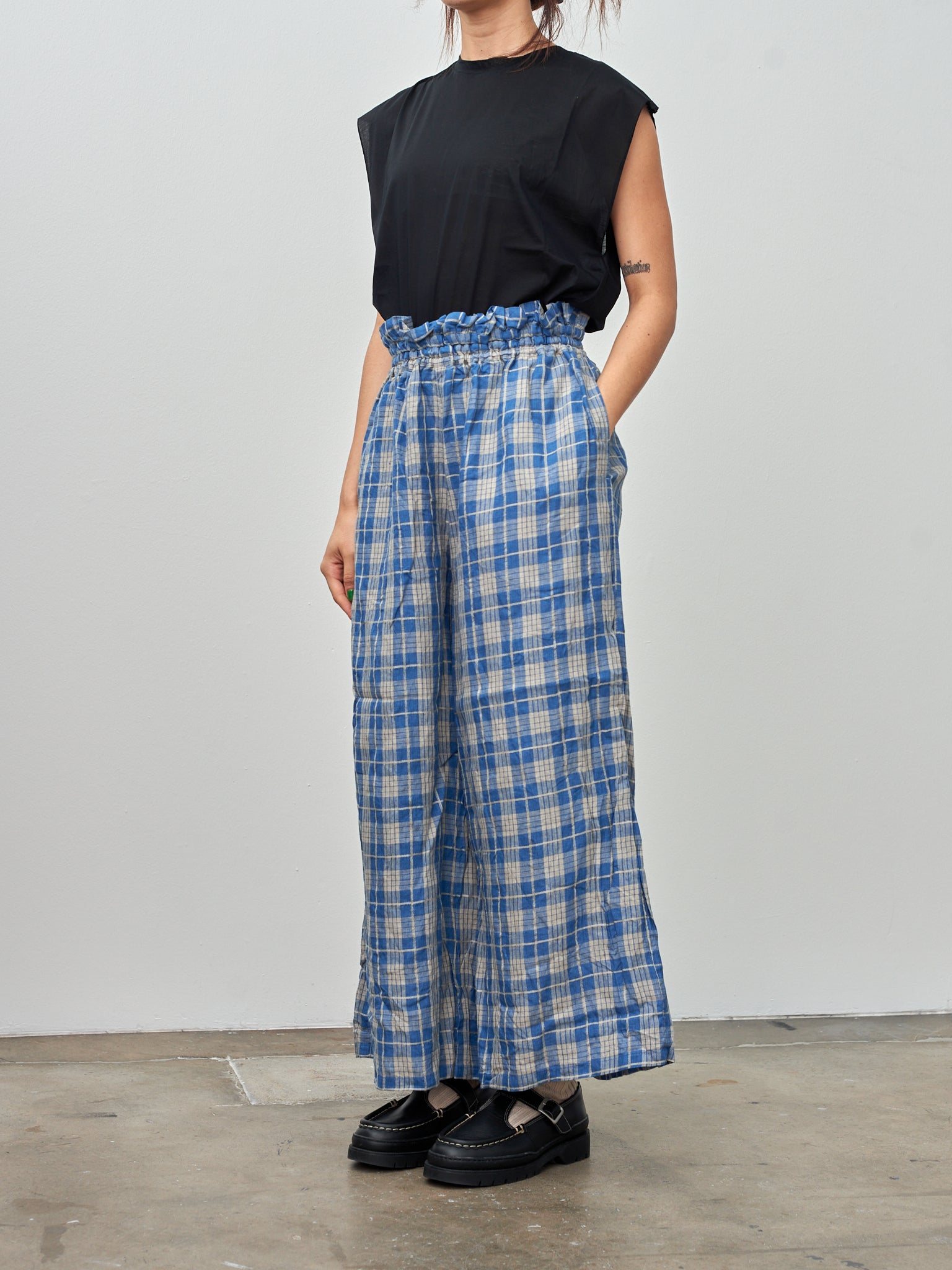Namu Shop - Ichi Antiquites Indigo Check Pants - Indigo Light x Natural