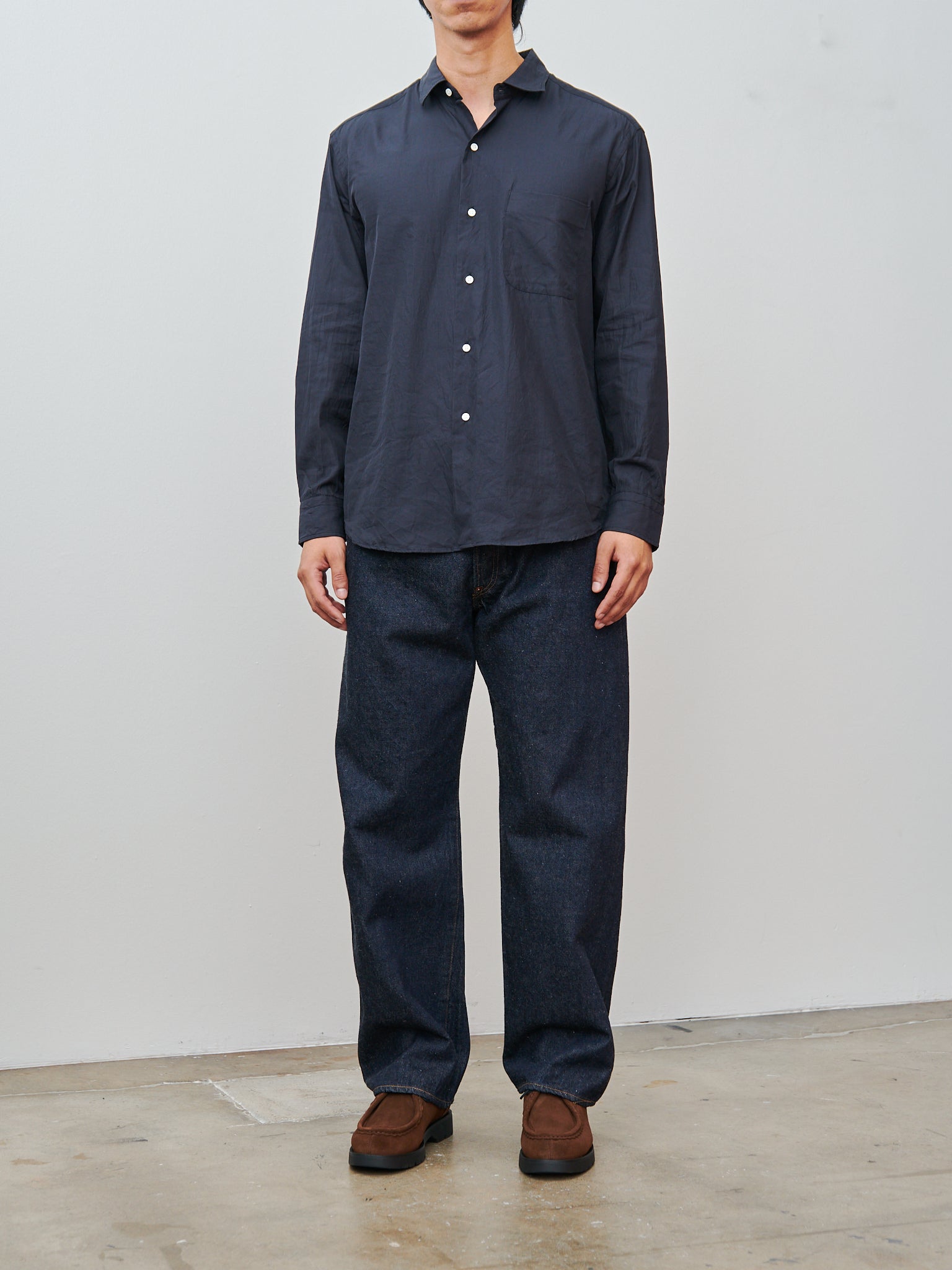 Namu Shop - Kaptain Sunshine Semi Spread Collar Shirt - Navy Cotton Silk