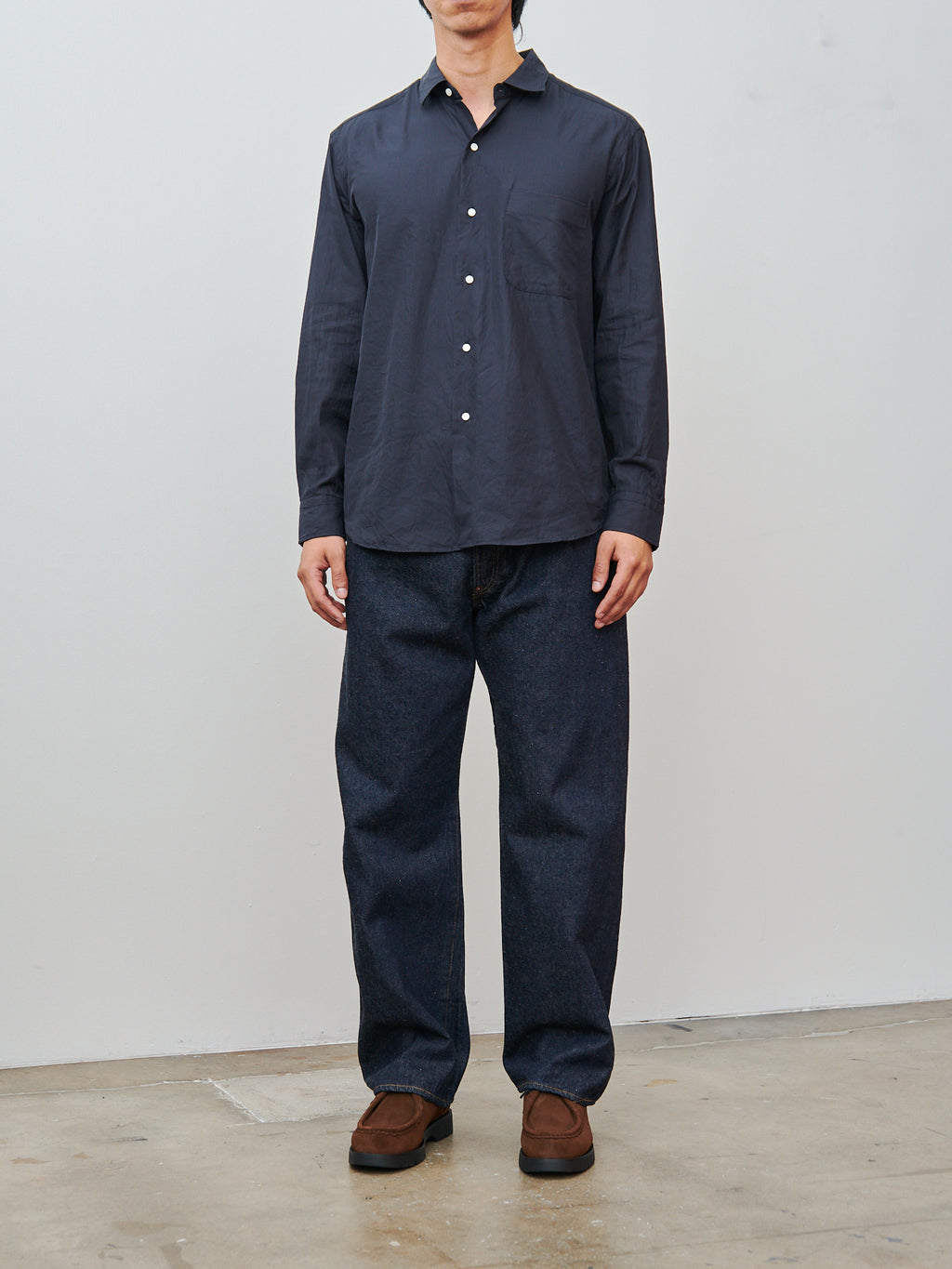 Namu Shop - Kaptain Sunshine Semi Spread Collar Shirt - Navy Cotton Silk