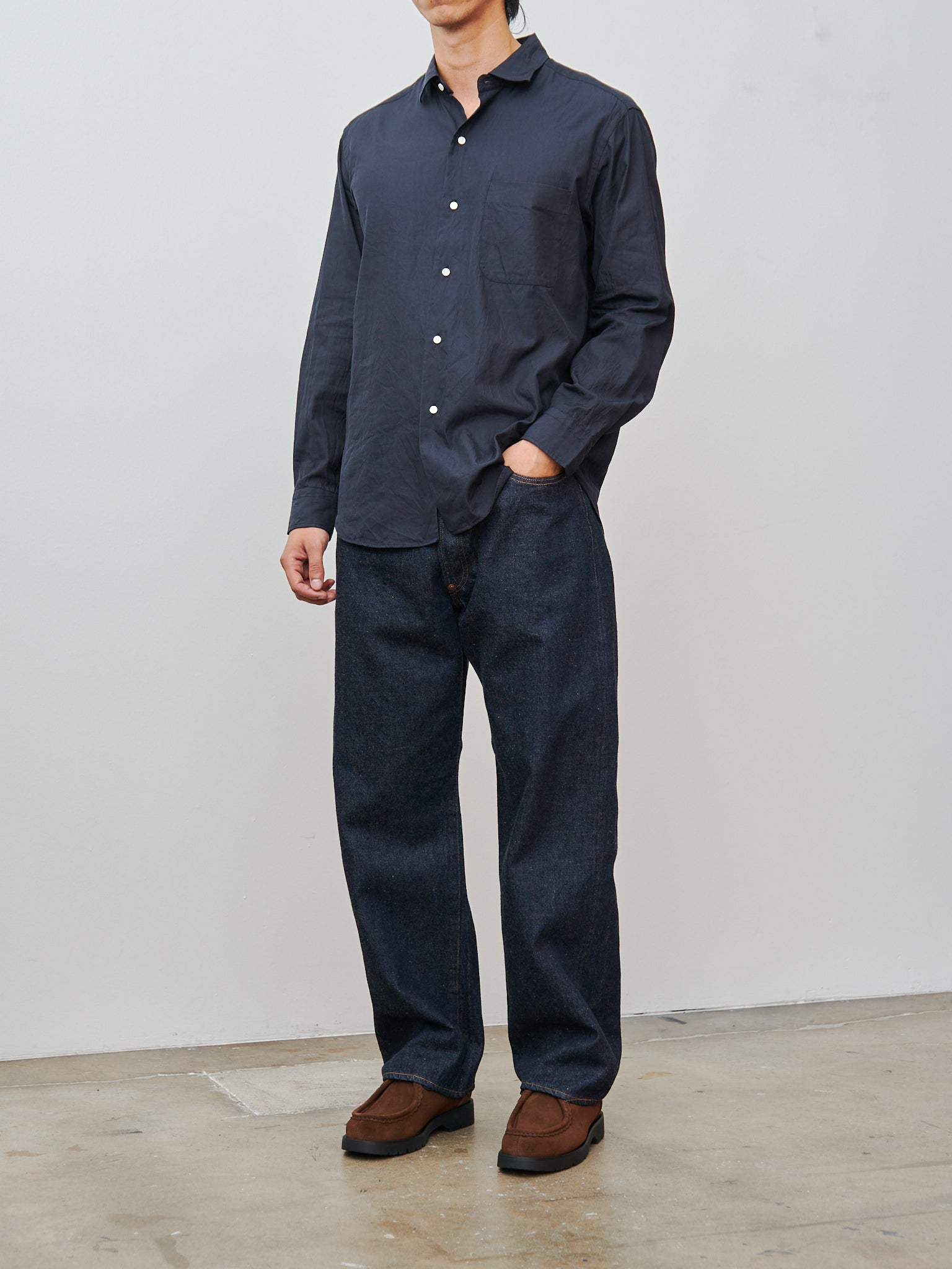 Namu Shop - Kaptain Sunshine Semi Spread Collar Shirt - Navy Cotton Silk