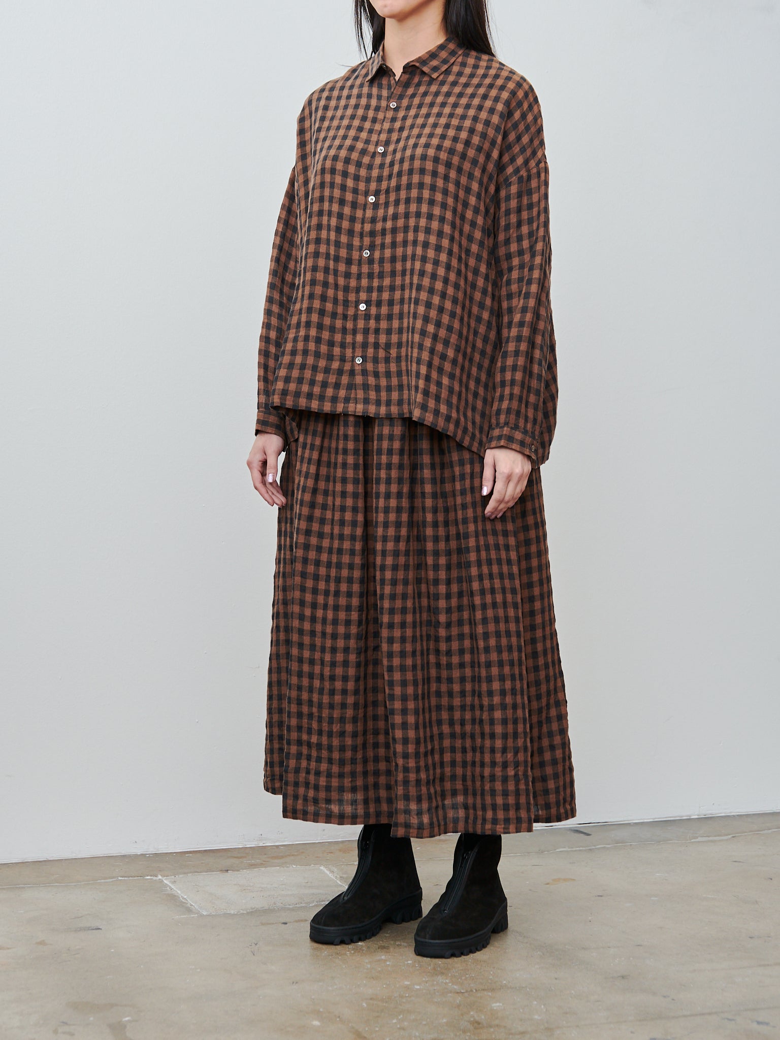 Namu Shop - Ichi Antiquites Linen Gingham Check Shirt - Brown