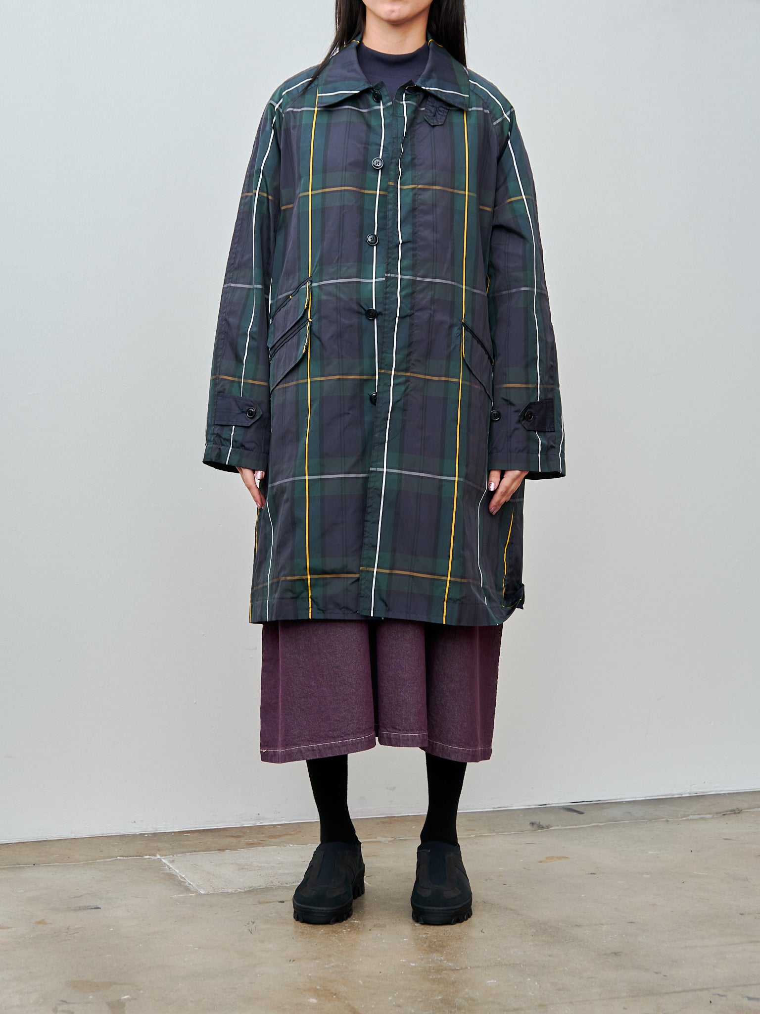 Namu Shop - ts(s) Tartan Plaid Fly Front Raglan Sleeve Coat - Navy