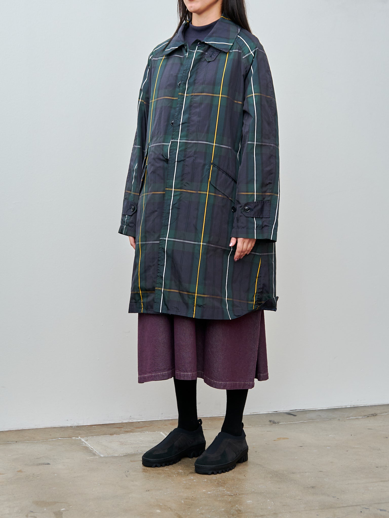 Namu Shop - ts(s) Tartan Plaid Fly Front Raglan Sleeve Coat - Navy