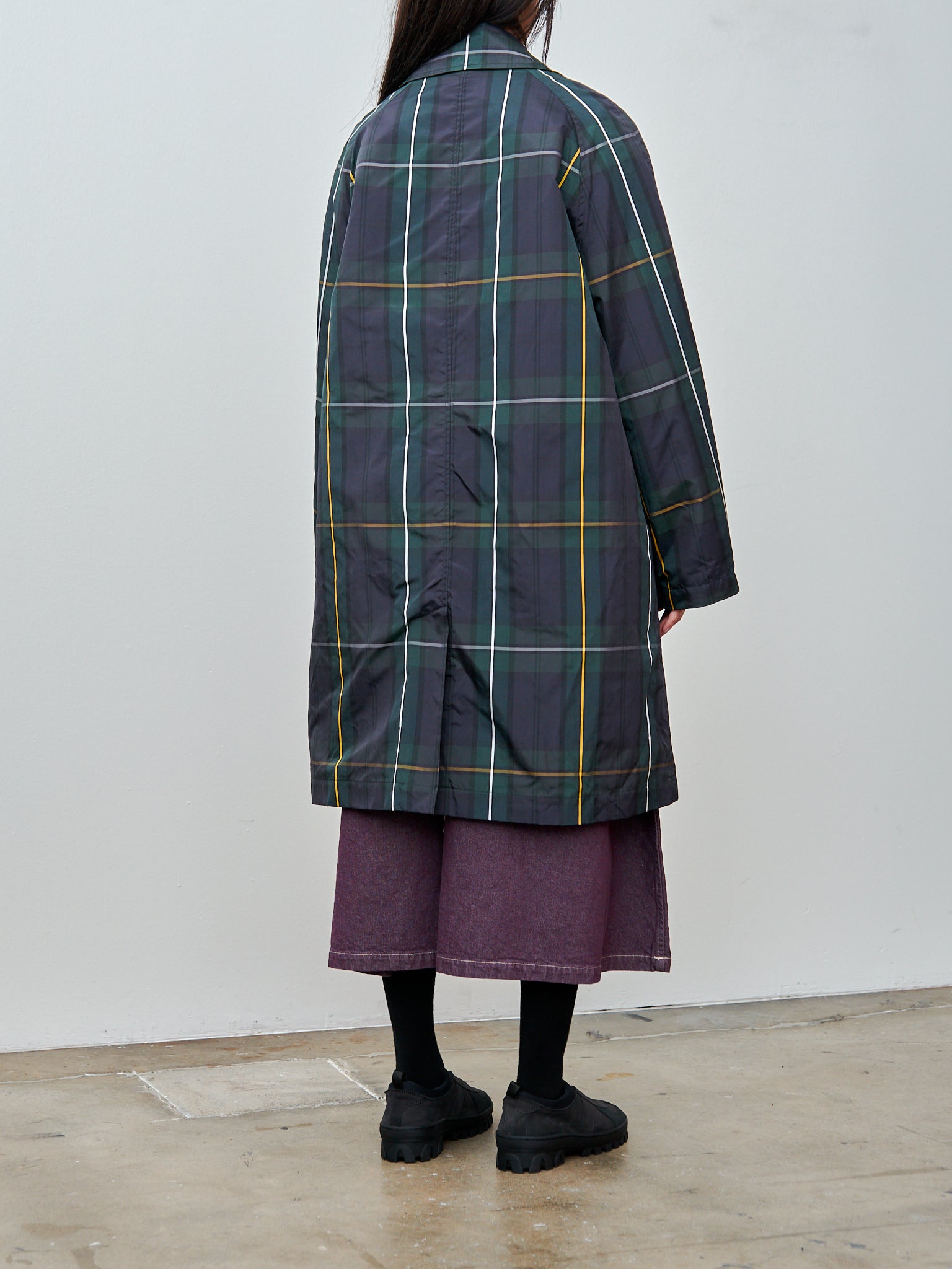 Namu Shop - ts(s) Tartan Plaid Fly Front Raglan Sleeve Coat - Navy