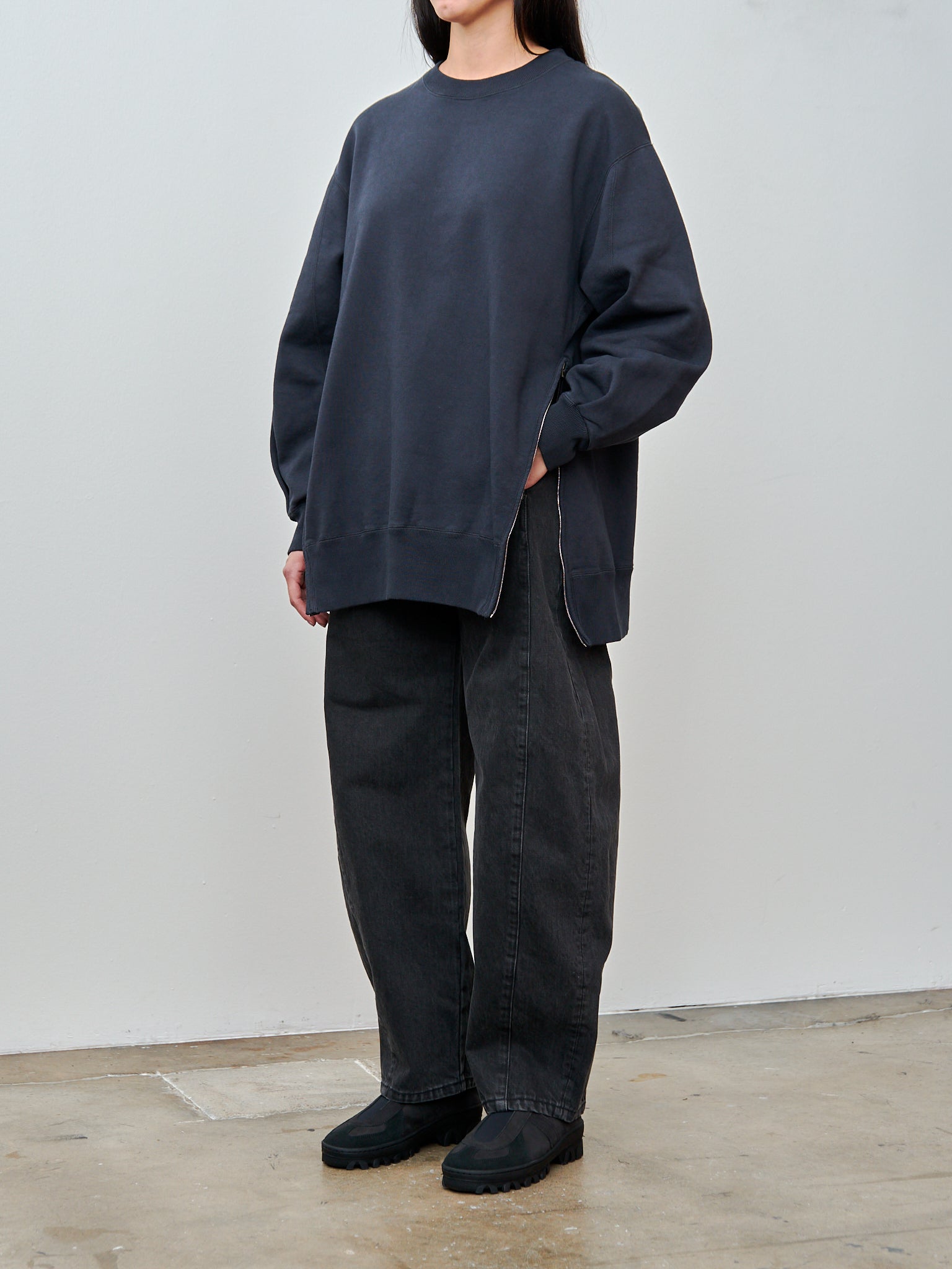 Namu Shop - Unfil Vintage Cotton Fleece Side Zip Oversized Sweatshirt - Old Black