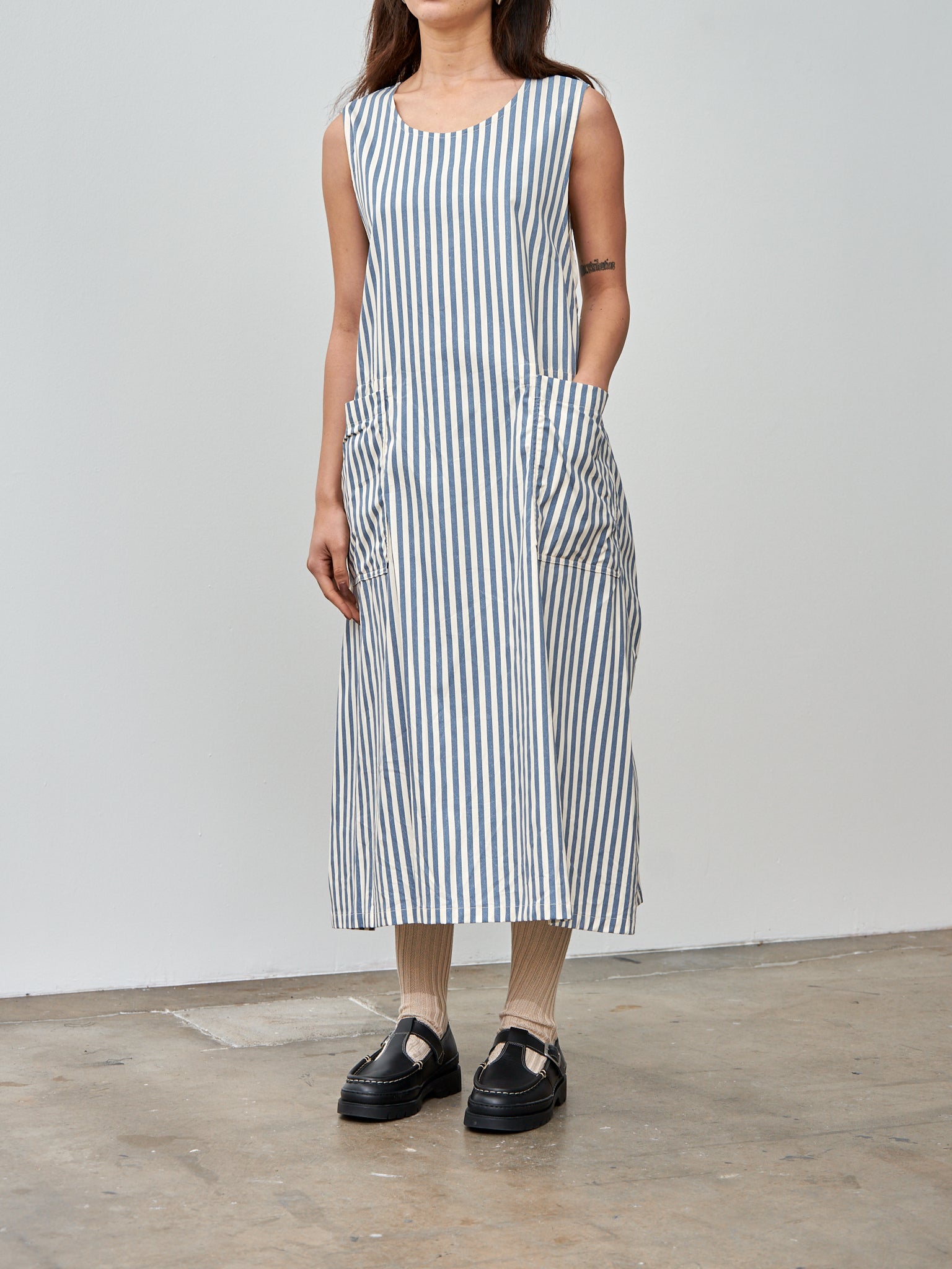 Namu Shop - ts(s) Block Stripe Print Foldable Apron Dress - Blue