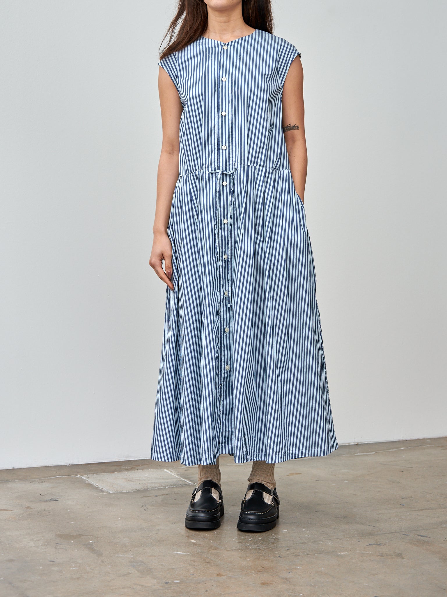 Namu Shop - ts(s) Bengal Stripe Sleeveless Drawstring Gather Dress - Blue
