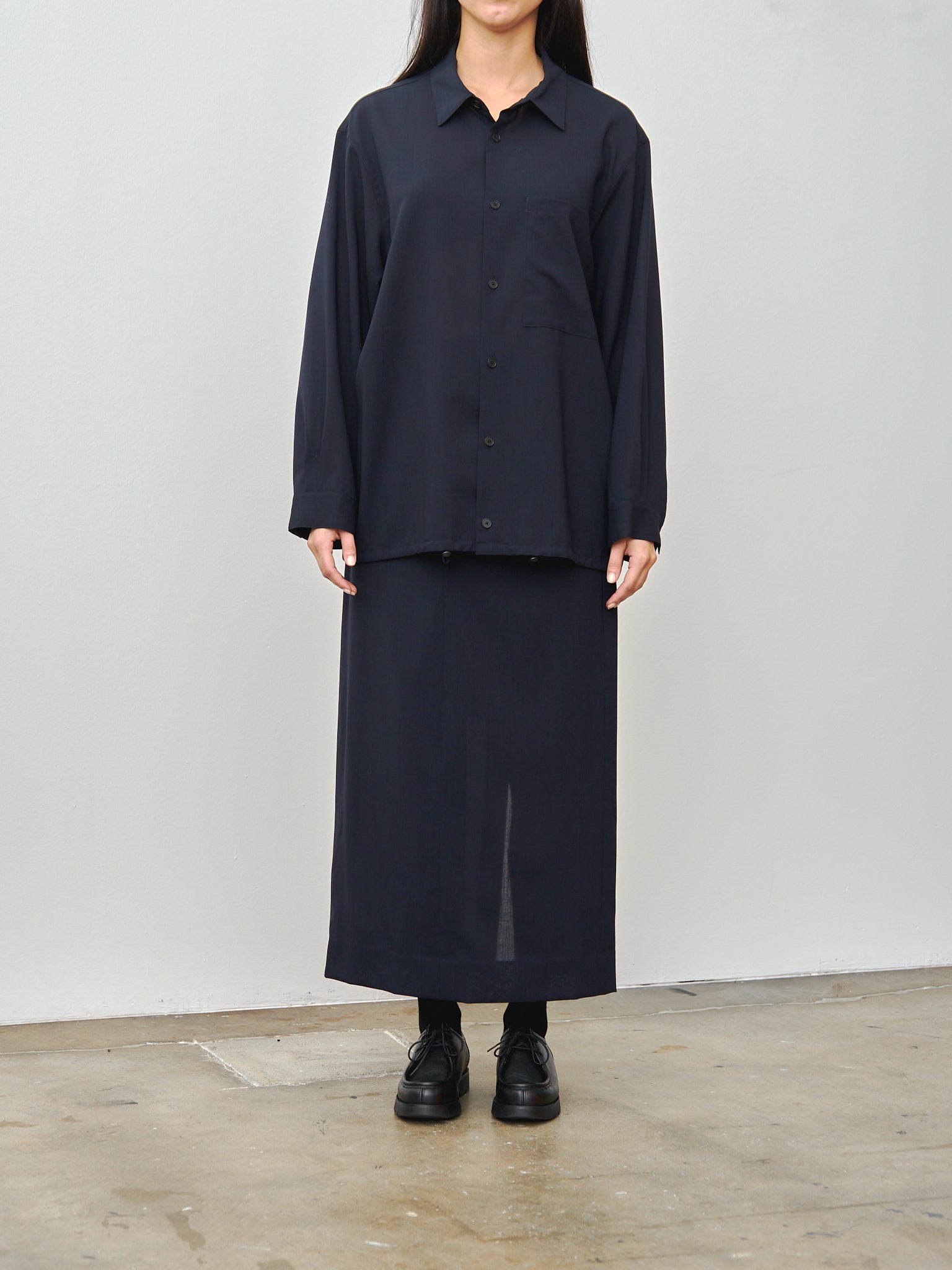 Namu Shop - Aton Wool Lawn Straight Skirt - Navy