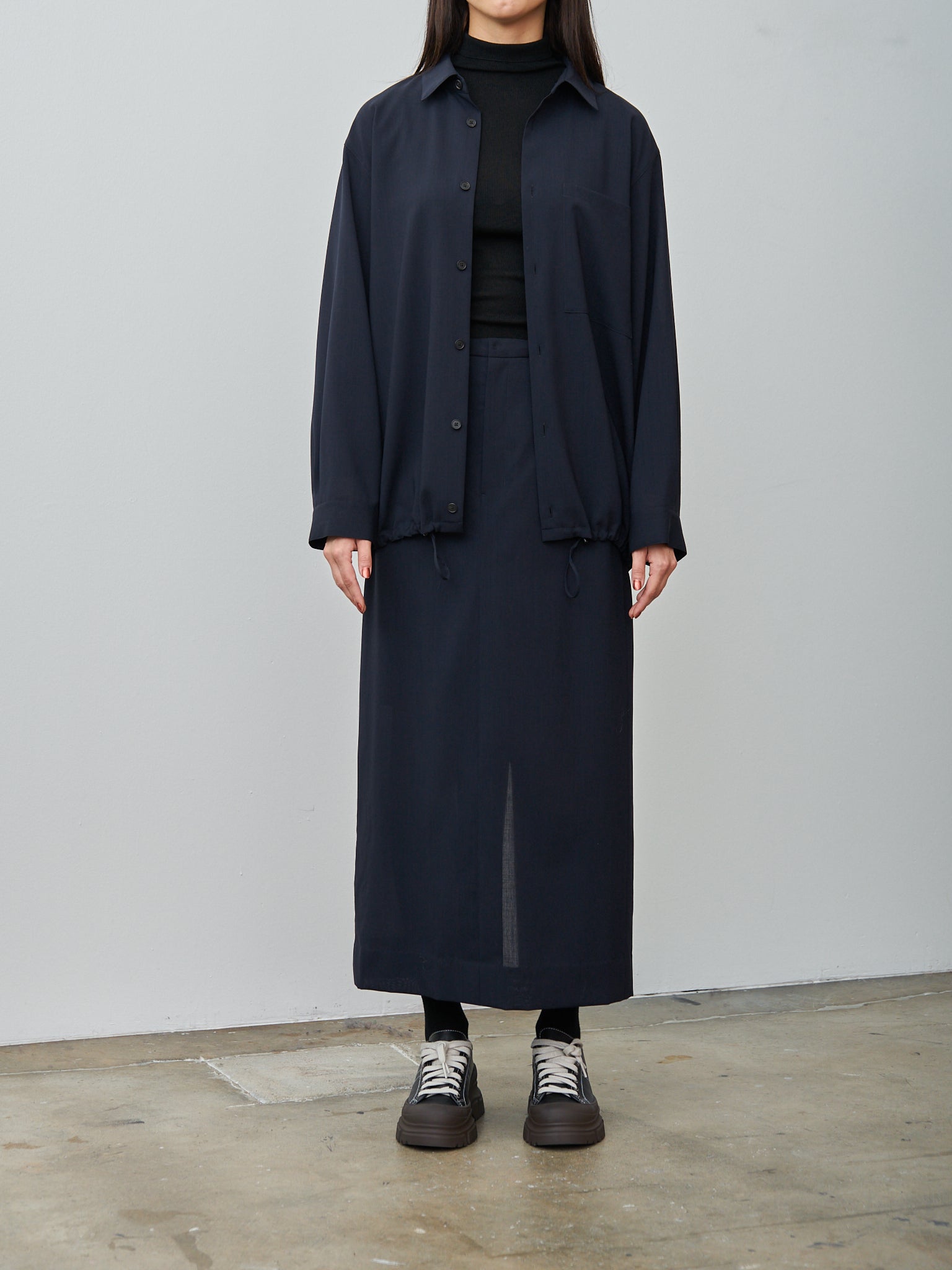 Namu Shop - Aton Wool Lawn Straight Skirt - Navy